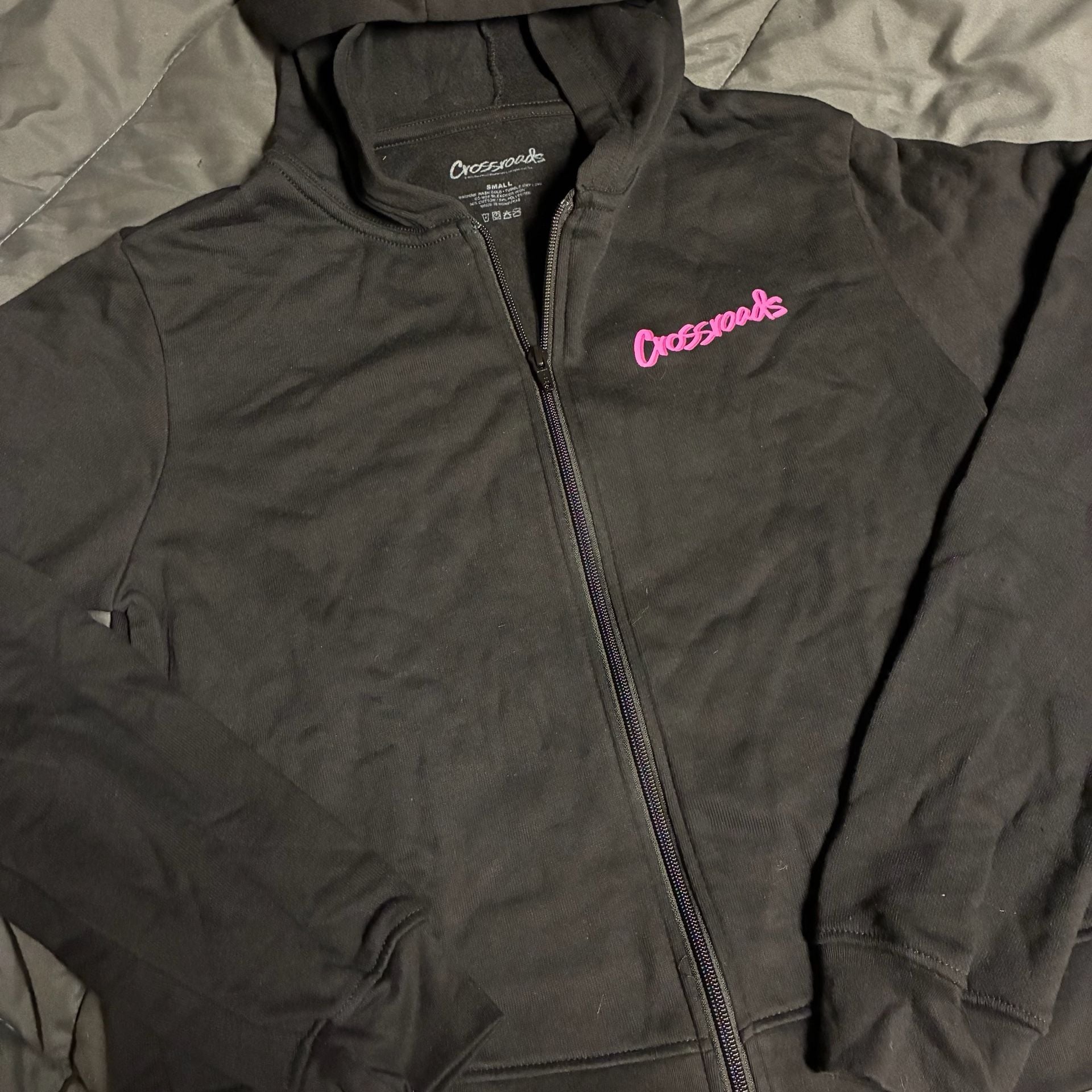 Crossroads Zip Up Hoodie Size Small Black Pink Script Logo 6