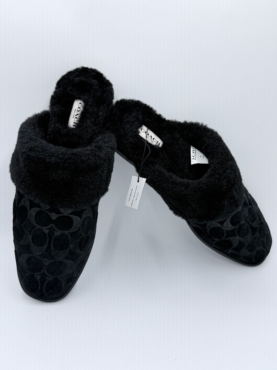 Coach Signature Faux Shearling Slippers Black Size 9 2