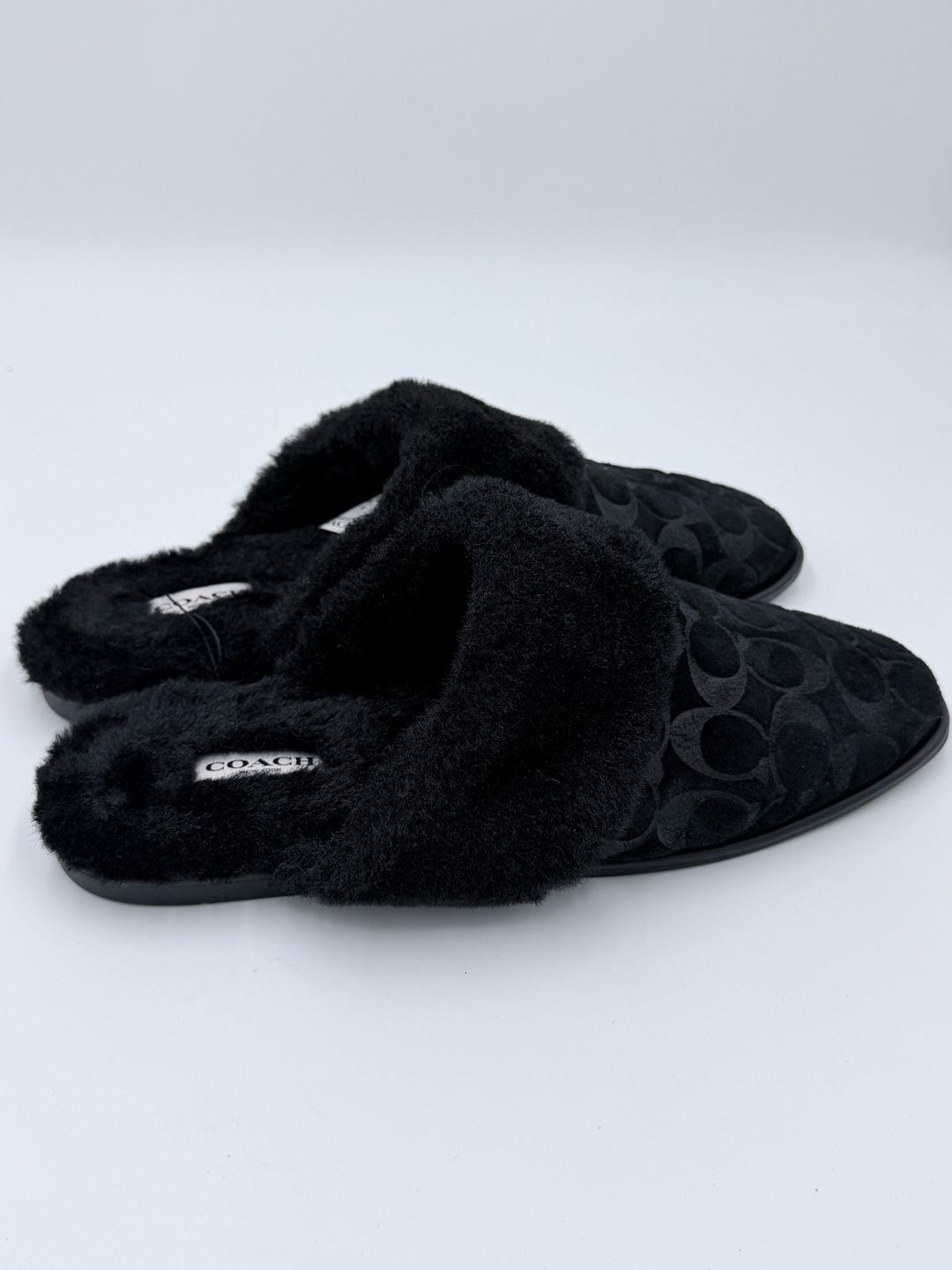 Coach Signature Faux Shearling Slippers Black Size 9 6
