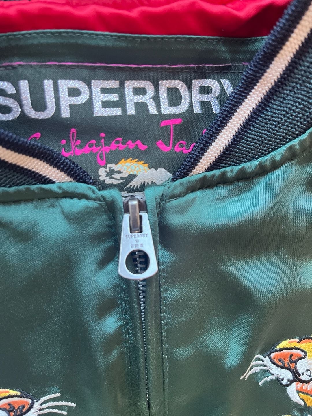 Superdry Suikajan Japan Embroidered Bomber Jacket US 4 Green Tiger 11