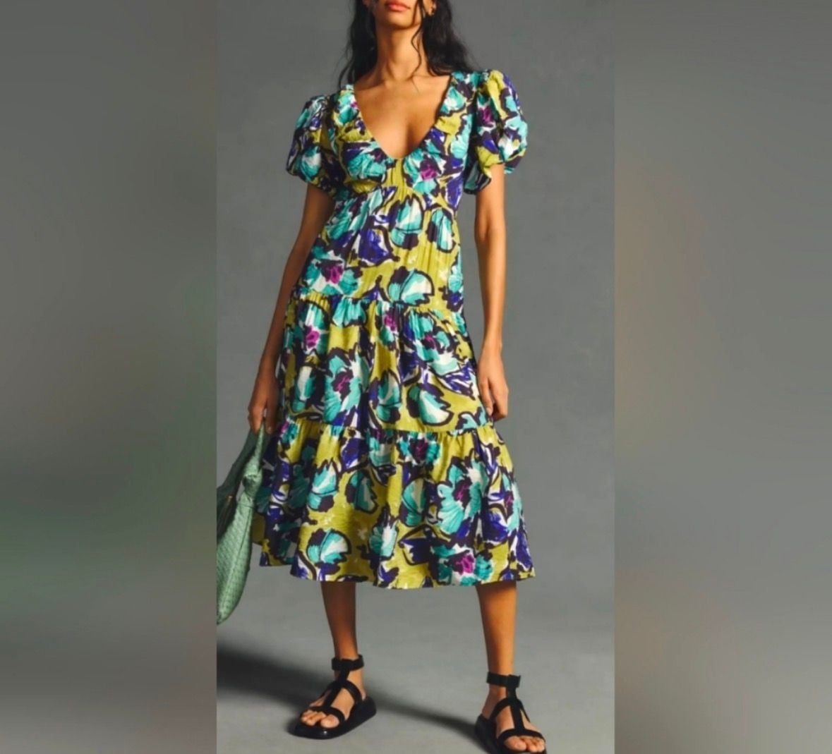 By Anthropologie Puff Sleeve Midi Dress Size XS Chartreuse 10