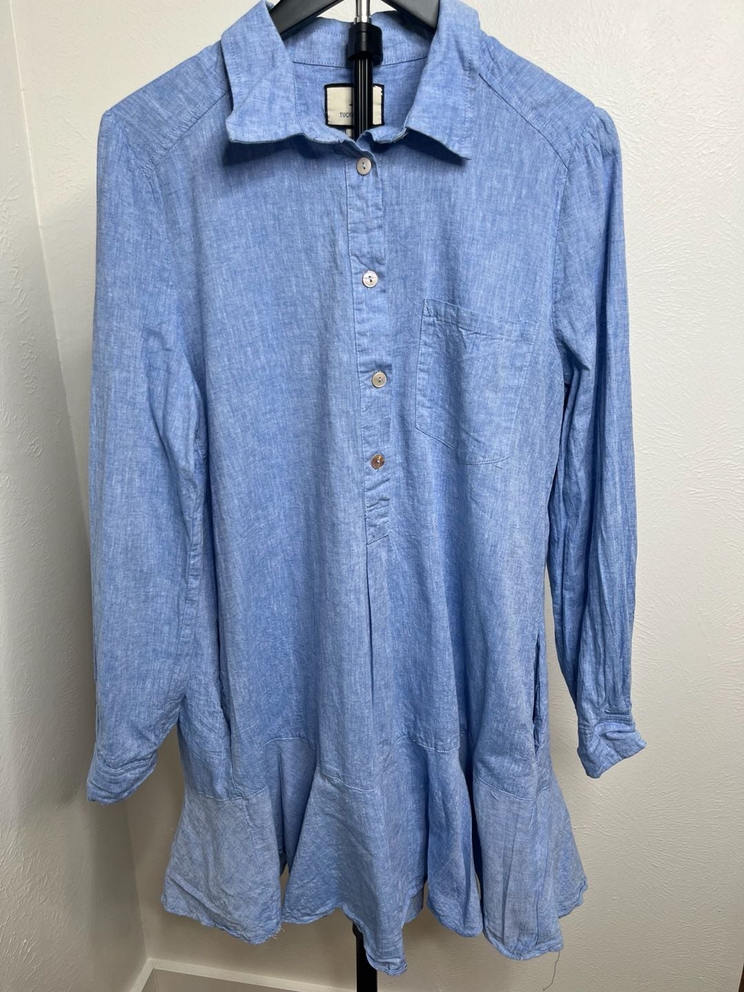 Tuckernuck Dress Blue Cotton Long Sleeve Ruffle Hem Shirt Dress 2