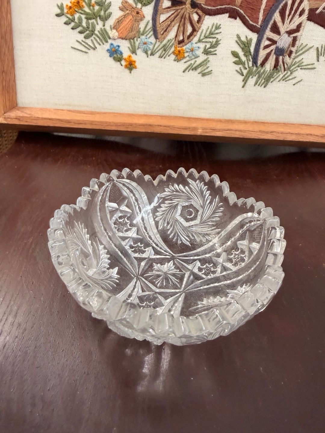 Vintage Clear Cut Glass Crystal Pinwheel Hobstar Sawtooth Bowl Trinket Dish 1