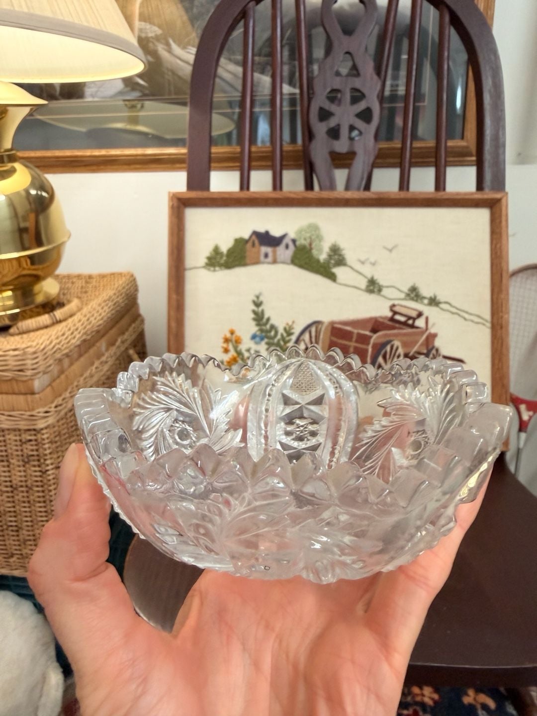 Vintage Clear Cut Glass Crystal Pinwheel Hobstar Sawtooth Bowl Trinket Dish 2