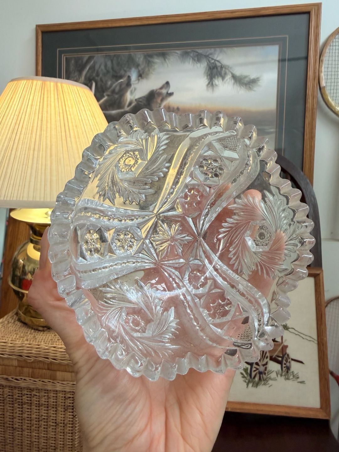 Vintage Clear Cut Glass Crystal Pinwheel Hobstar Sawtooth Bowl Trinket Dish 3