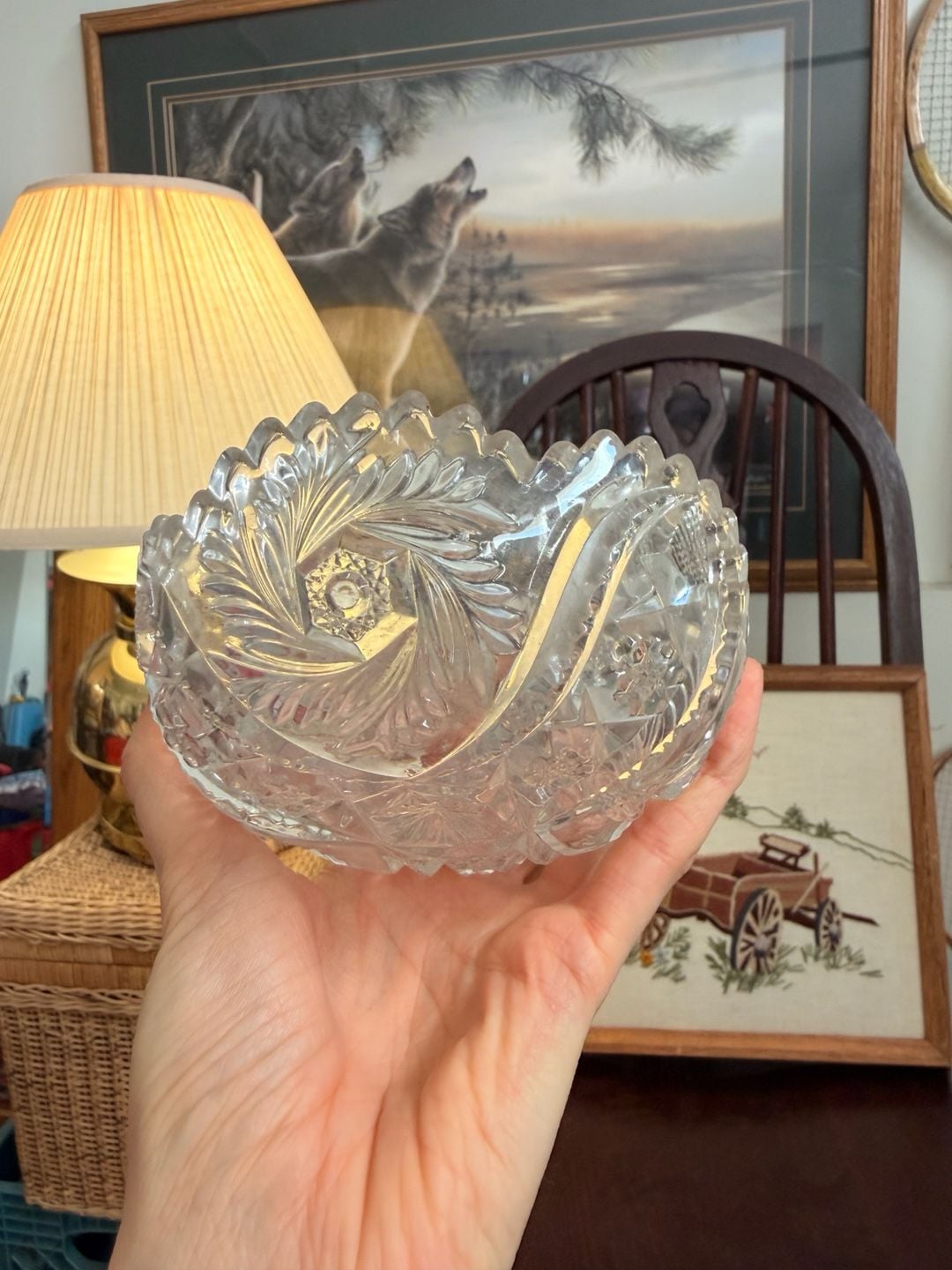 Vintage Clear Cut Glass Crystal Pinwheel Hobstar Sawtooth Bowl Trinket Dish 5