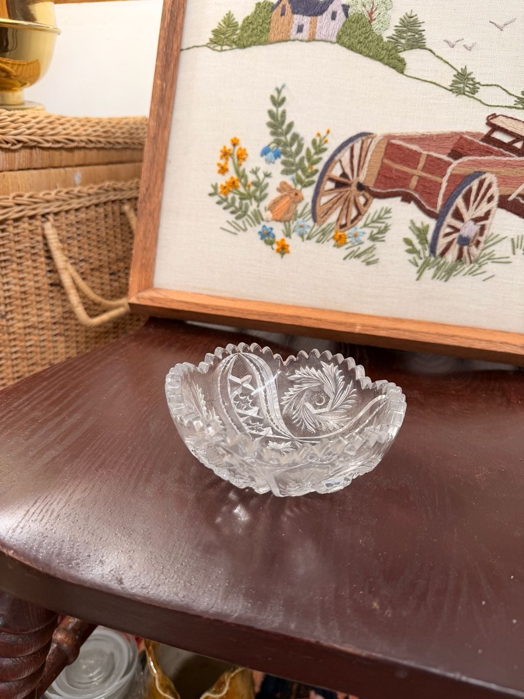 Vintage Clear Cut Glass Crystal Pinwheel Hobstar Sawtooth Bowl Trinket Dish 11