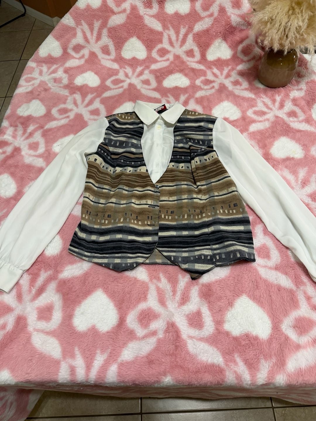 Alia Petites Blouse Size S Mock Vest Layered Stripe Shirt Brown White 3