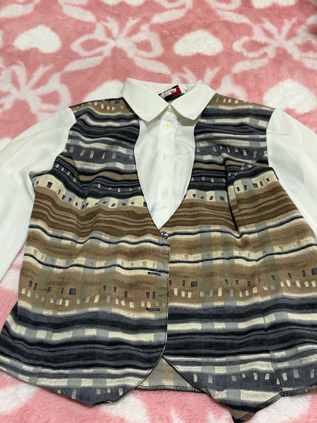 Alia Petites Blouse Size S Mock Vest Layered Stripe Shirt Brown White 4