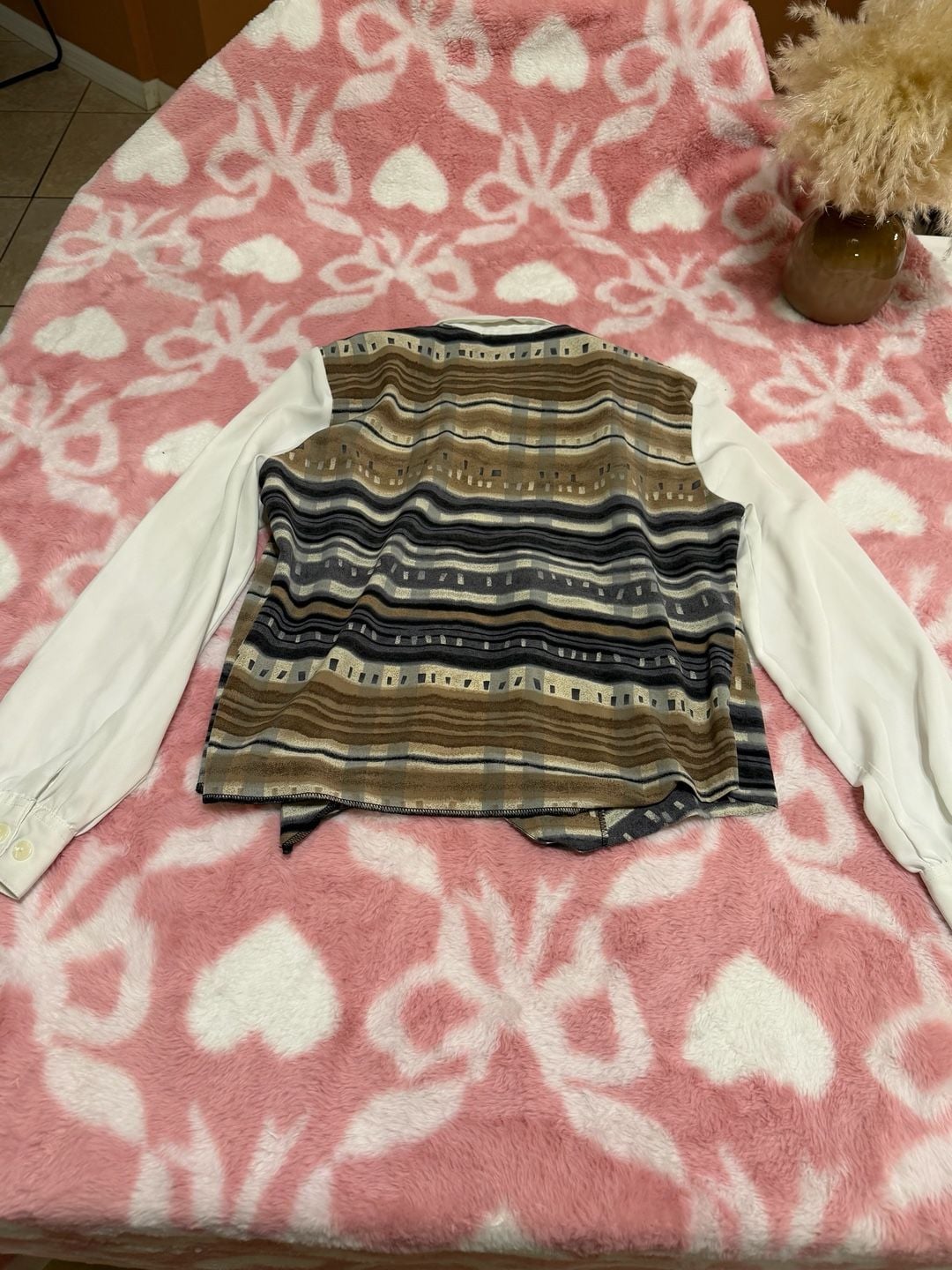 Alia Petites Blouse Size S Mock Vest Layered Stripe Shirt Brown White 7