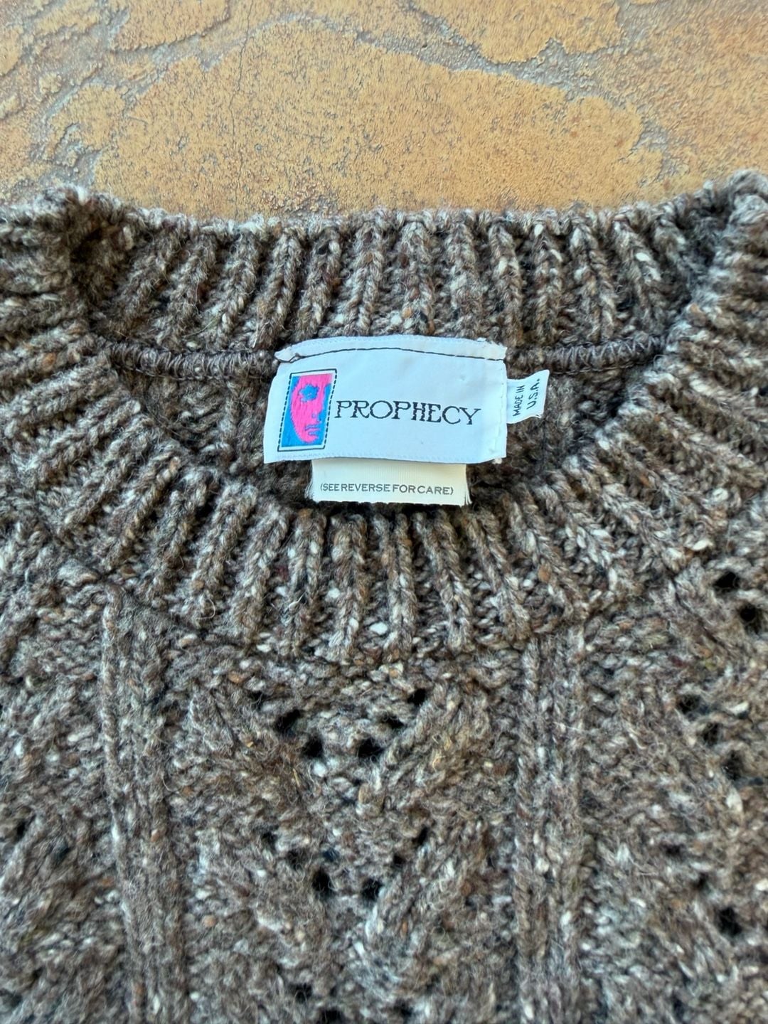 VTG Prophecy Chunky Knit Wool Sweater Size Small Brown Tweed Open Weave 4