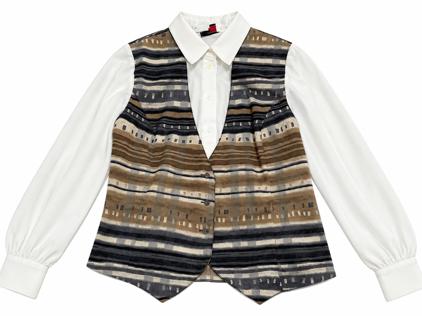 Alia Petites Blouse Size S Mock Vest Layered Stripe Shirt Brown White 2