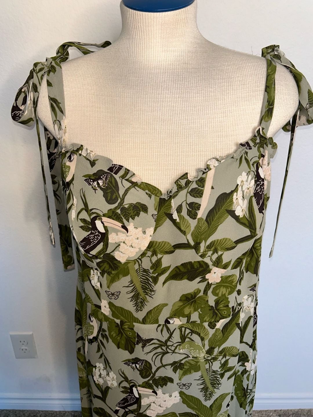 Reformation Nikita Dress Green Tropical Toucan Bird Print 3