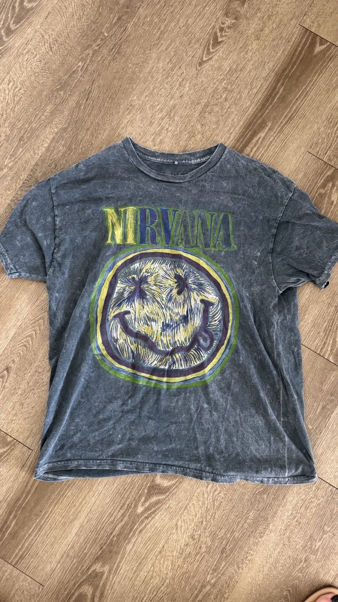 Nirvana Watercolor Smiley Face Acid Wash T-Shirt Size Large Grey 2