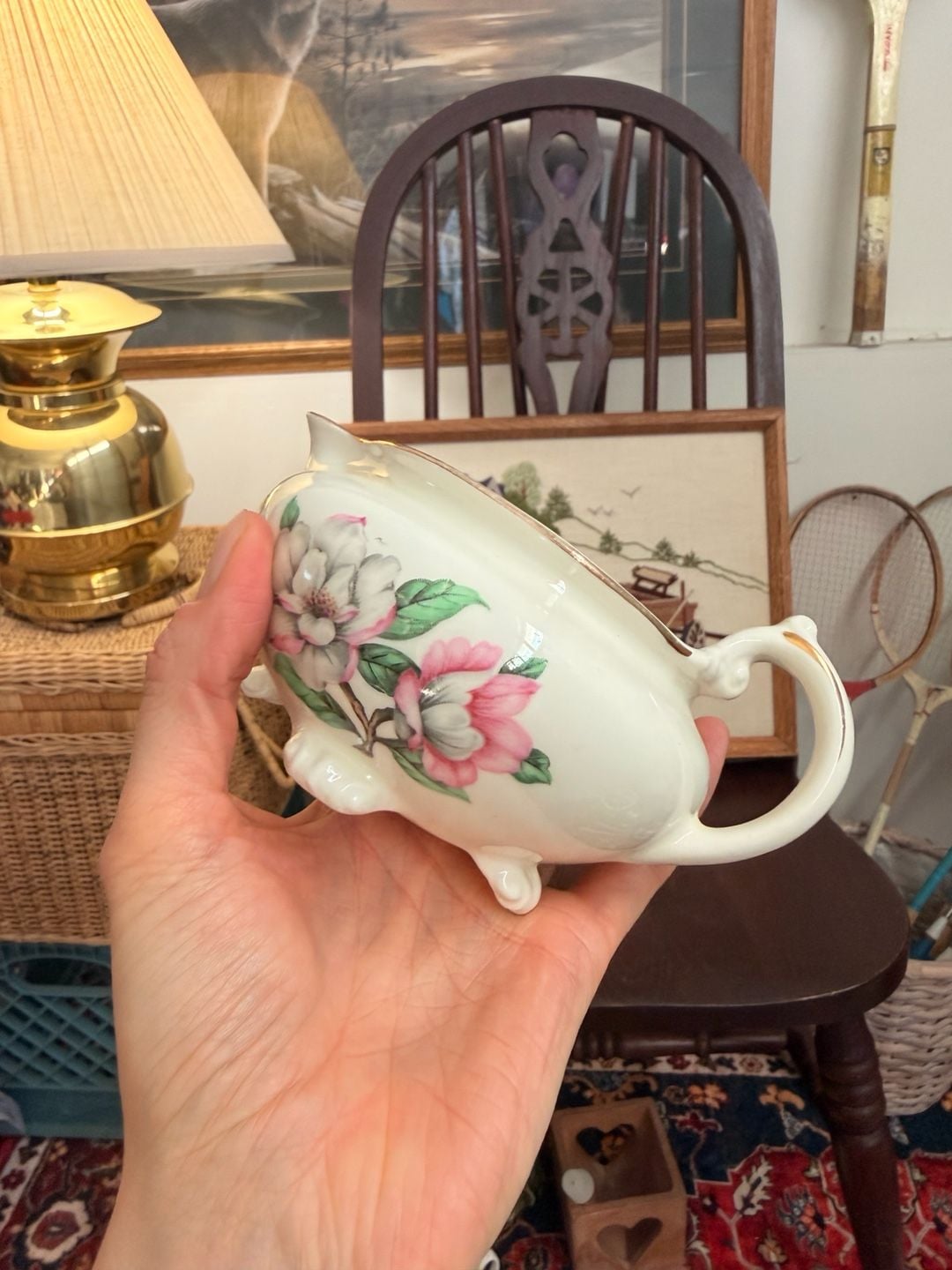 Mid Century Creamer & Sugar Bowl Cunningham & Pickett Magnolia 22k Gold Rim 9