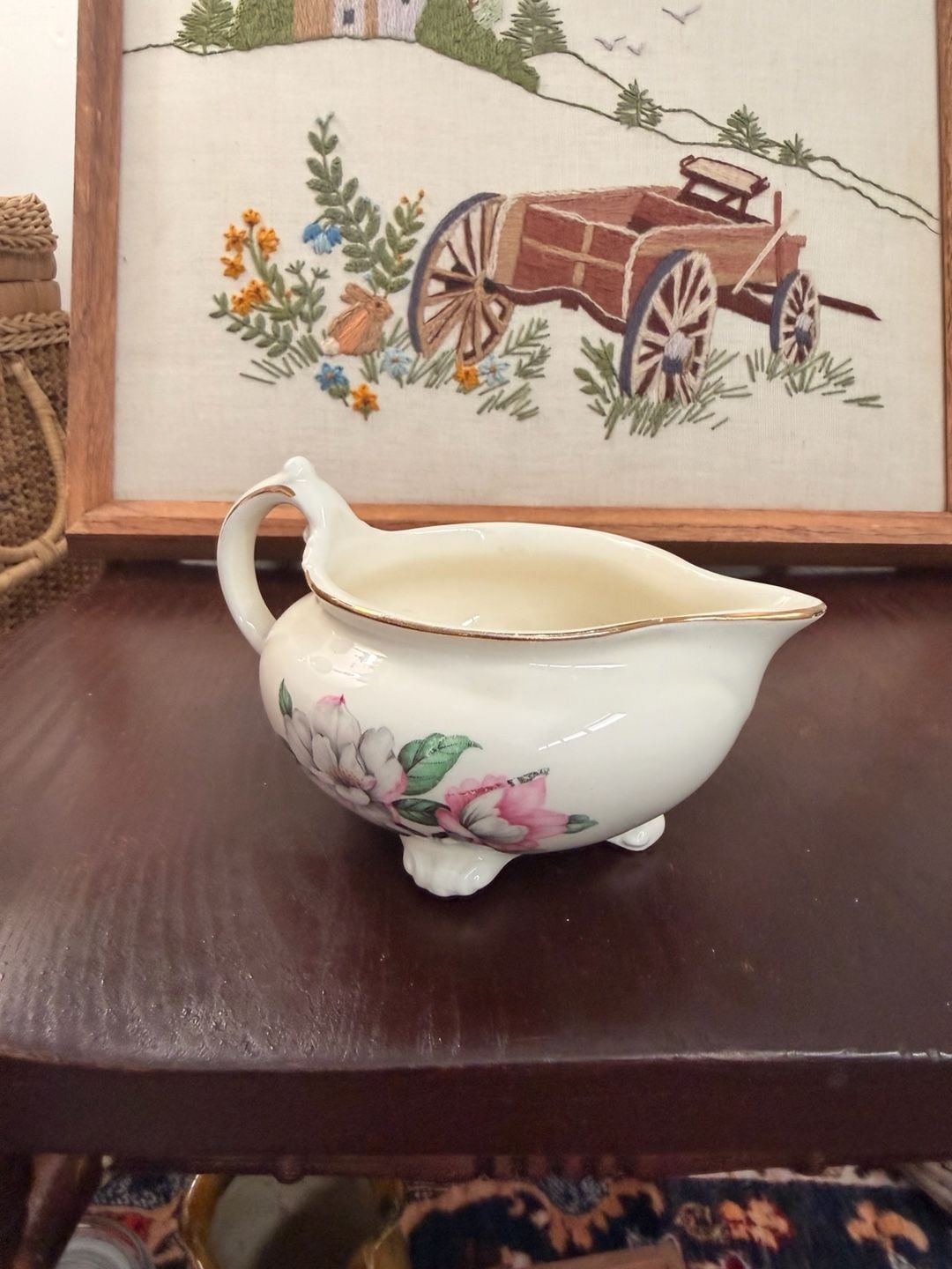 Mid Century Creamer & Sugar Bowl Cunningham & Pickett Magnolia 22k Gold Rim 11