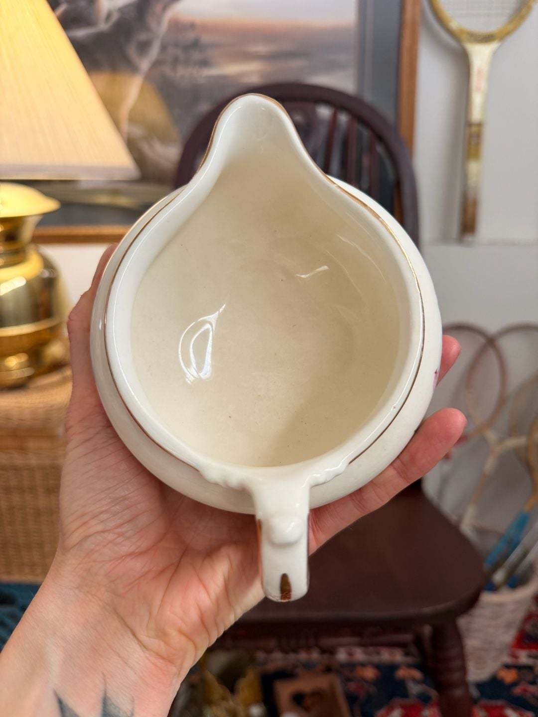 Mid Century Creamer & Sugar Bowl Cunningham & Pickett Magnolia 22k Gold Rim 12