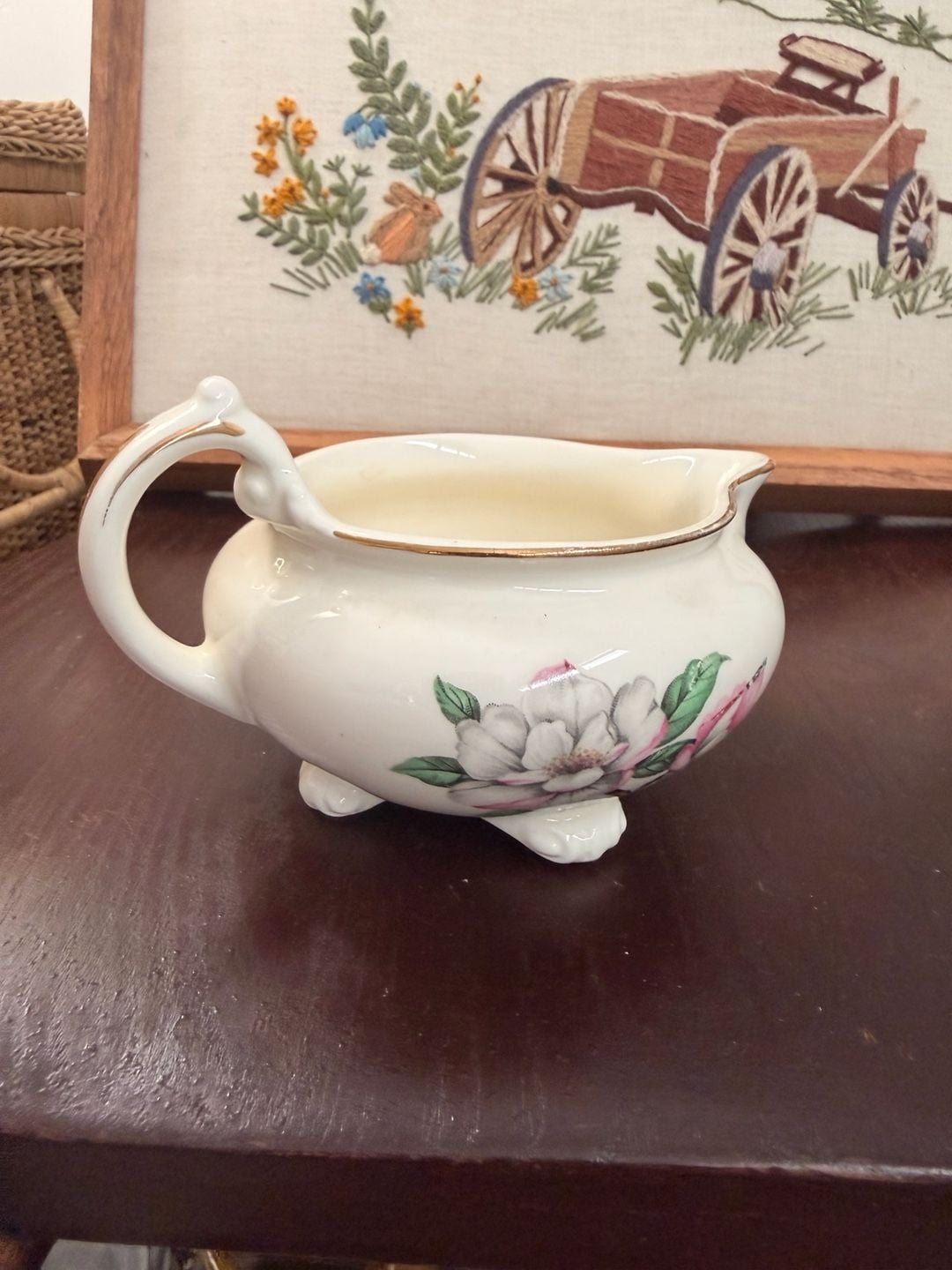 Mid Century Creamer & Sugar Bowl Cunningham & Pickett Magnolia 22k Gold Rim 13