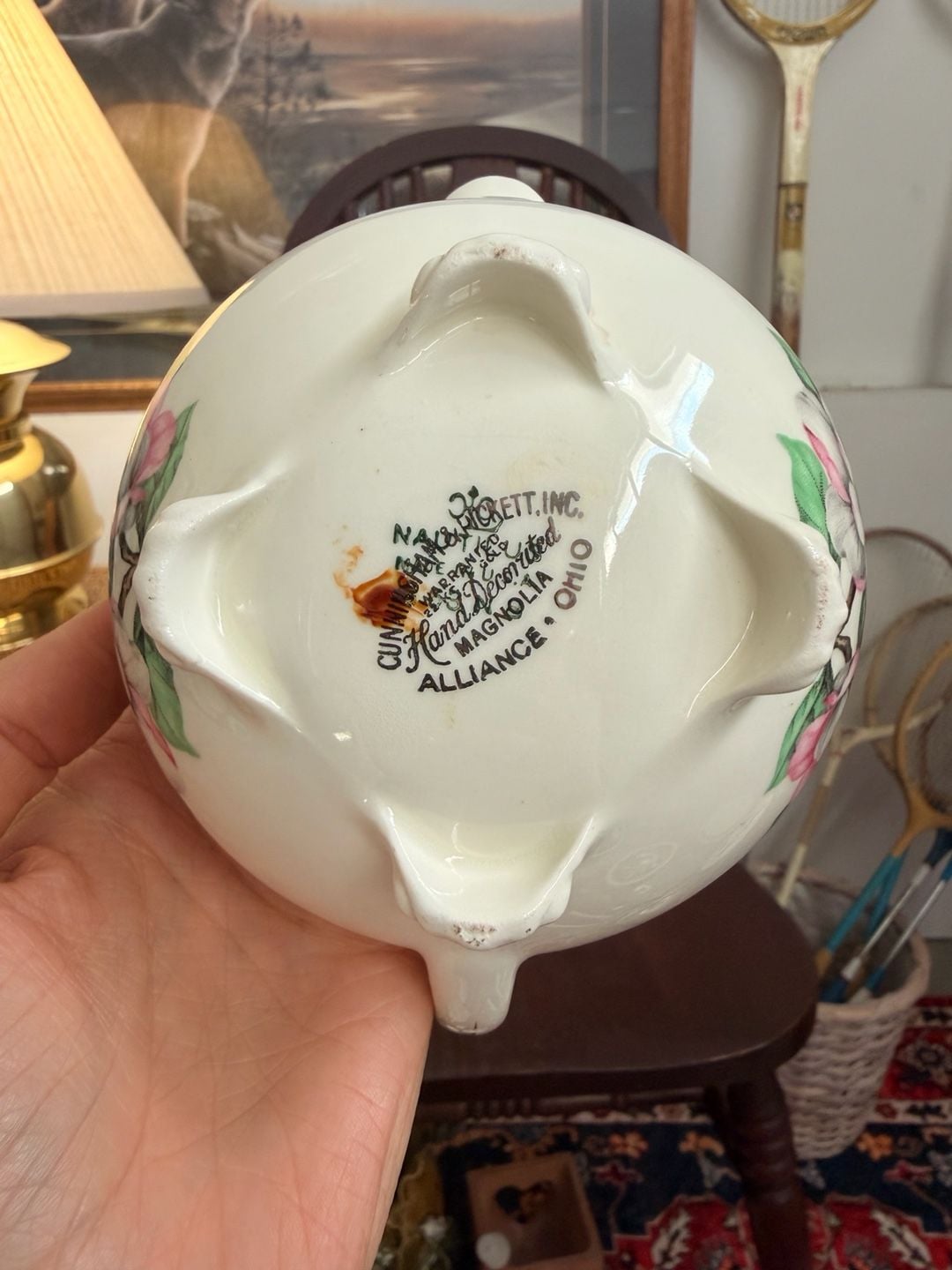 Mid Century Creamer & Sugar Bowl Cunningham & Pickett Magnolia 22k Gold Rim 14