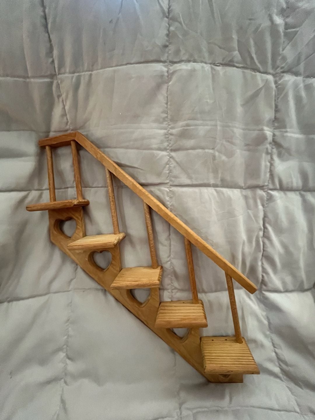 1980s wooden staircase shelf with heart cutouts 2