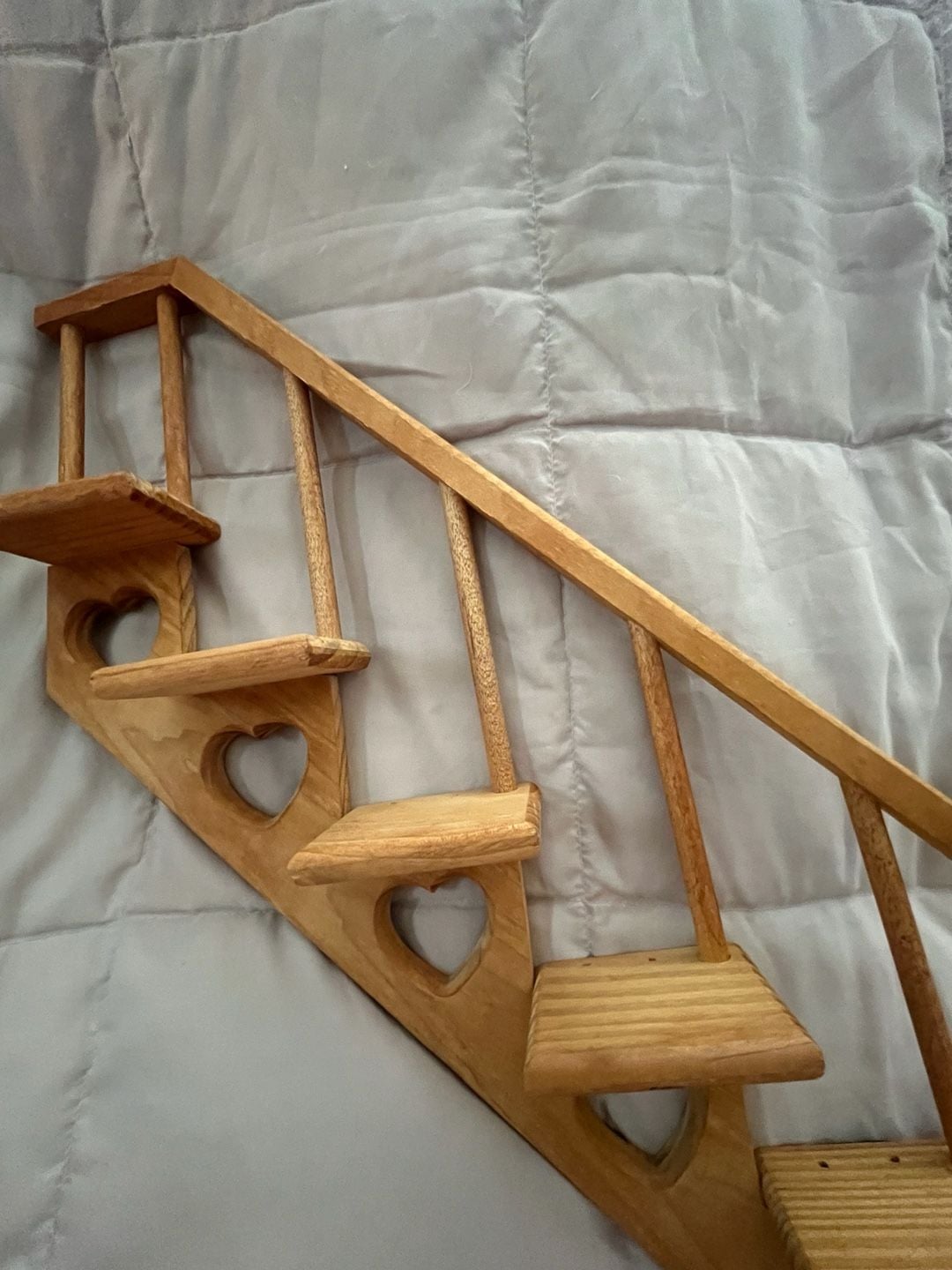 1980s wooden staircase shelf with heart cutouts 3