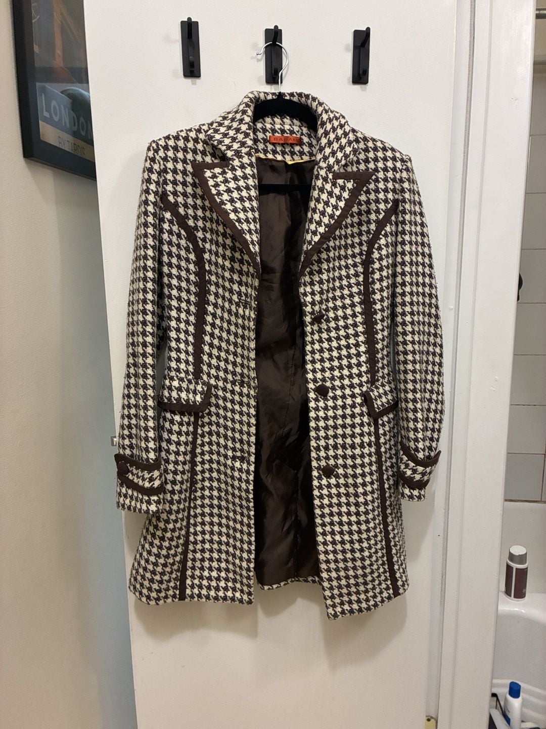 Barami Vintage Y2K Houndstooth Coat Size 2 Brown White Wool Blend 2