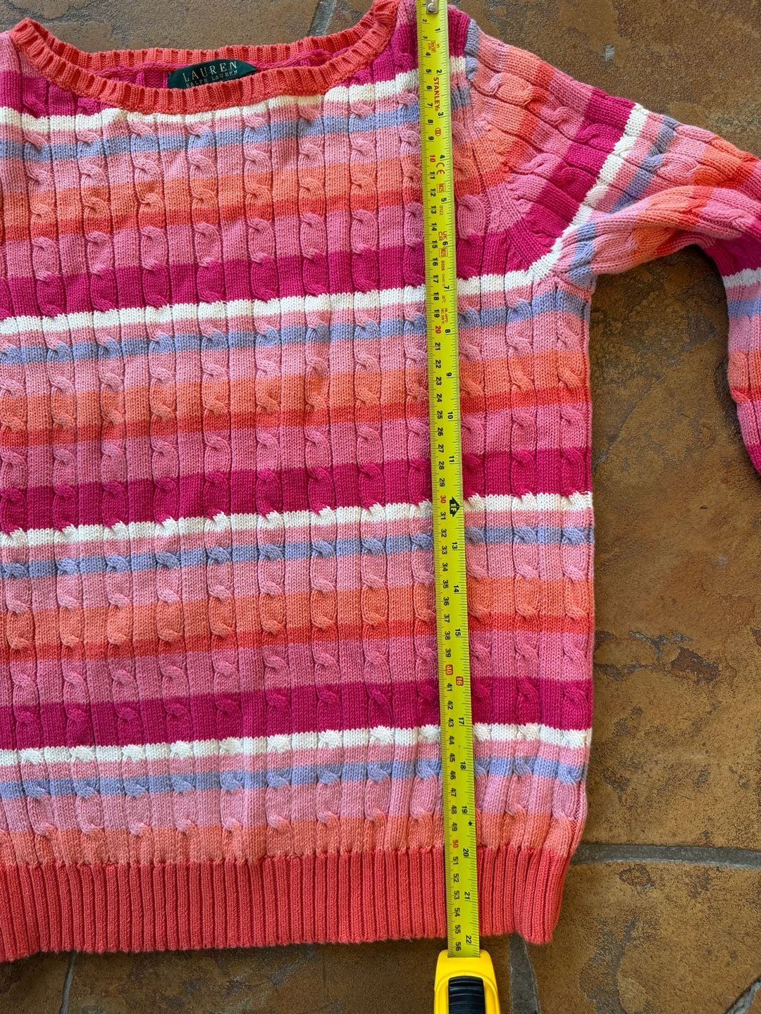 Lauren Ralph Lauren Sweater Size S Pink Striped Cable Knit Cotton 8
