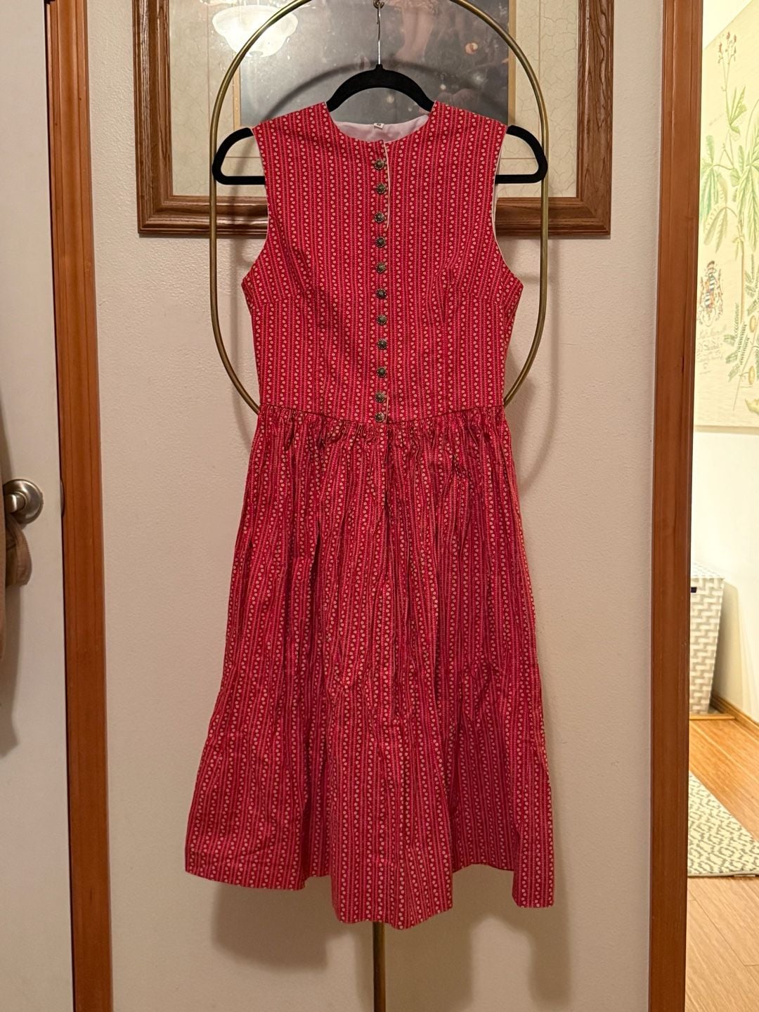 Vintage German Dirndl Dress Red Floral Size 42 2