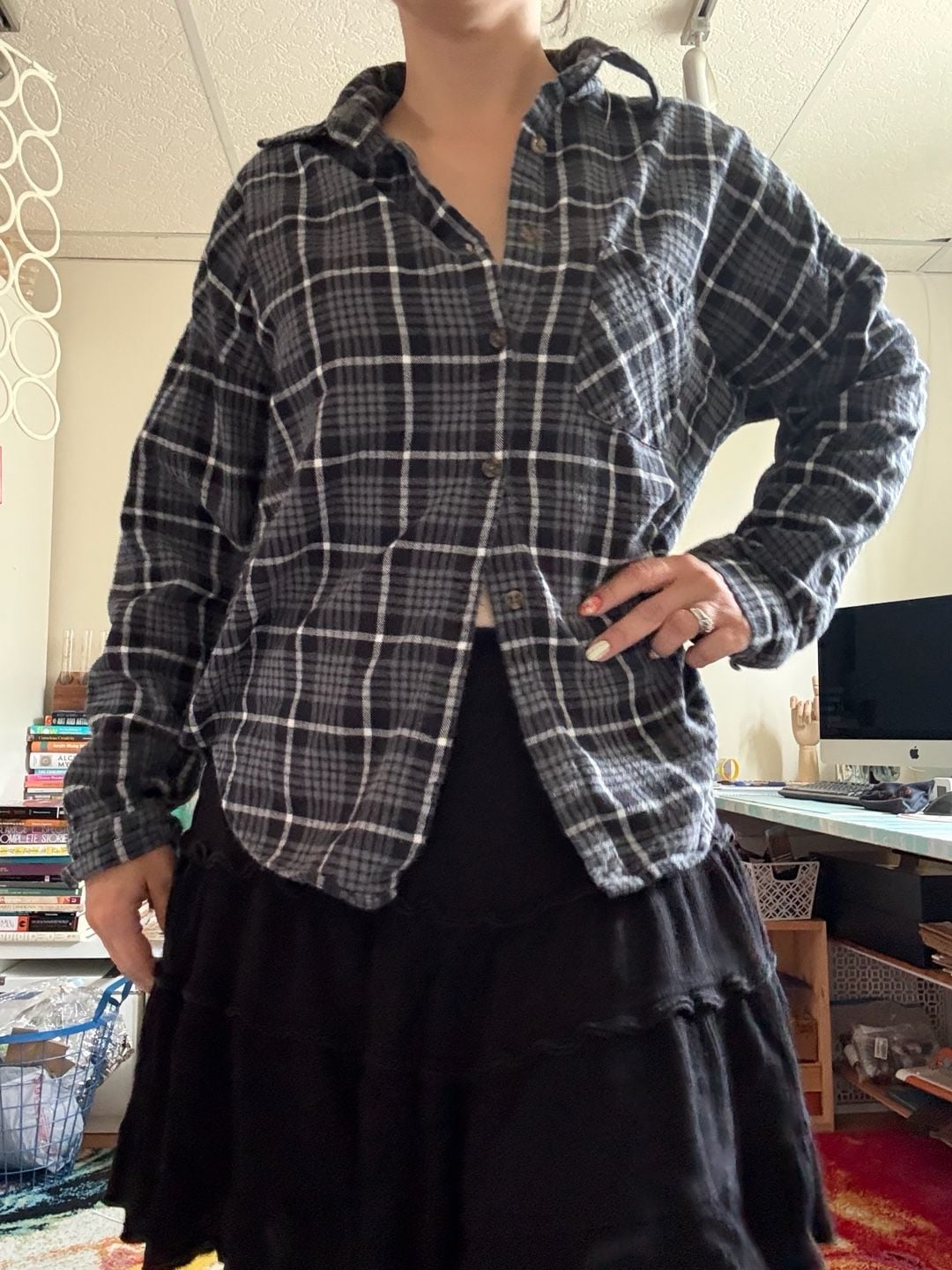 Kirra Black Plaid Flannel Button Up Shirt One Size Long Sleeve 6