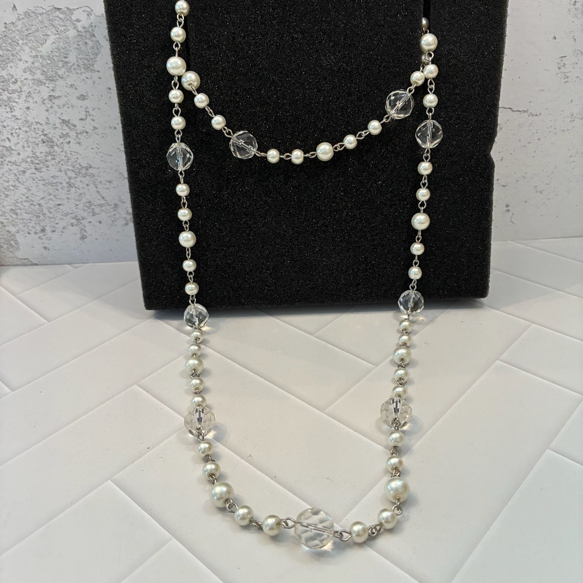 Jewel Kade Long Faux Pearl Crystal Beaded Necklace Silver Tone 2