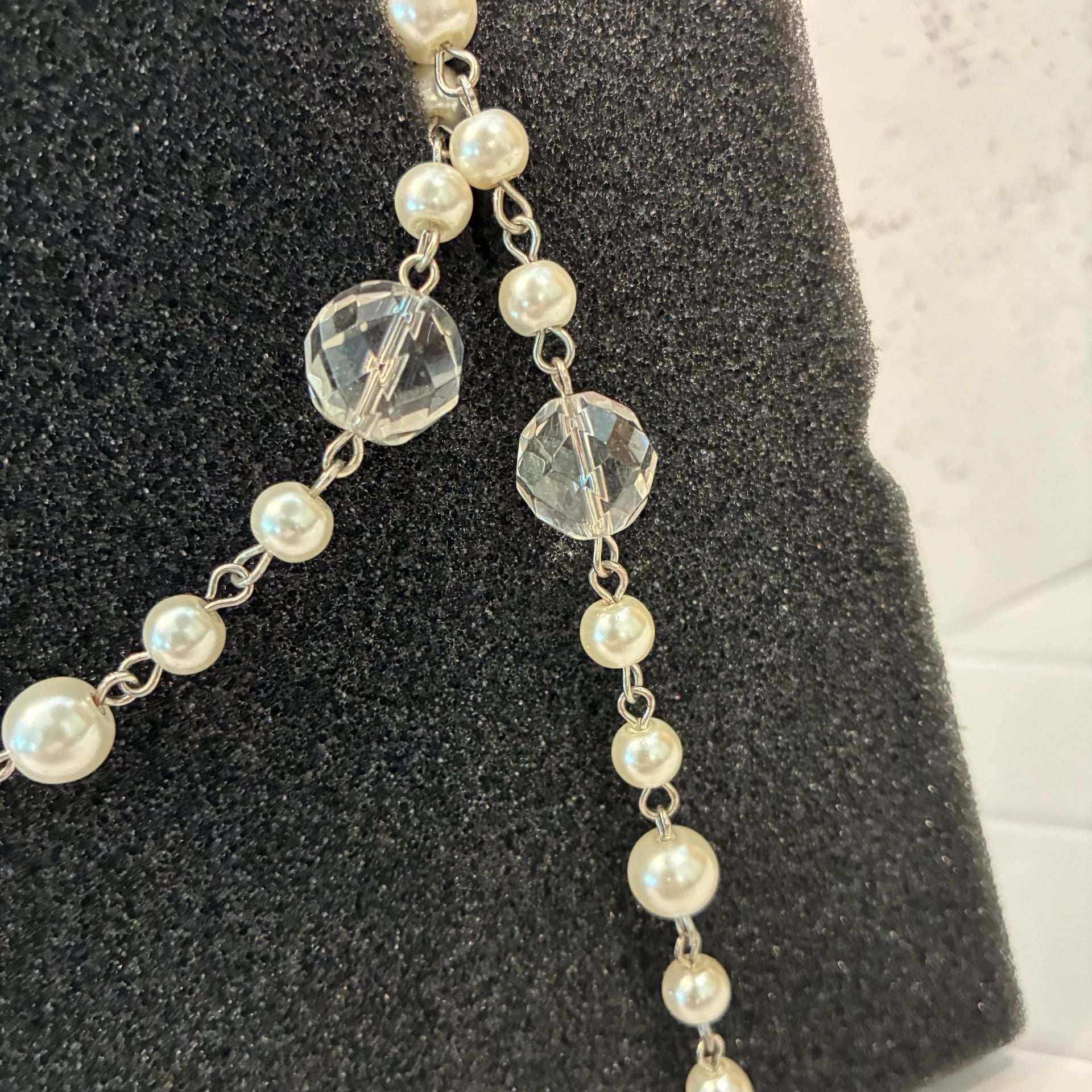 Jewel Kade Long Faux Pearl Crystal Beaded Necklace Silver Tone 3