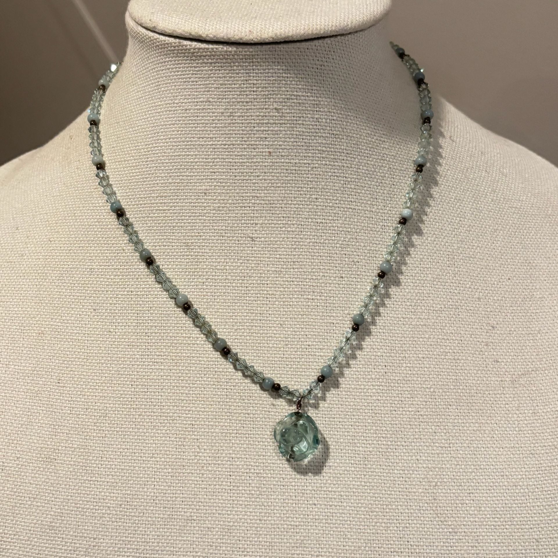 Handmade Blue Crystal Beaded Flower Pendant Necklace 2