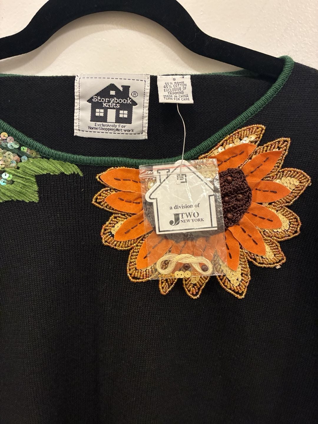 Storybook Knits Sunflower Sweater Size S Black Sequin Beaded Deadstock NWT 3