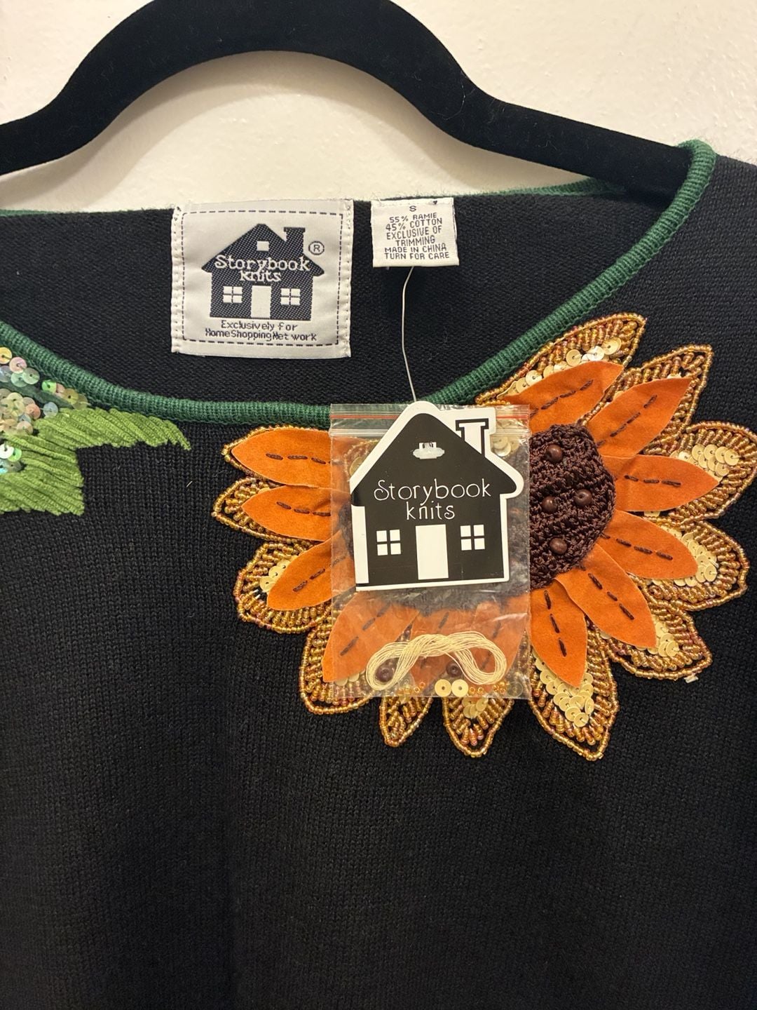 Storybook Knits Sunflower Sweater Size S Black Sequin Beaded Deadstock NWT 4