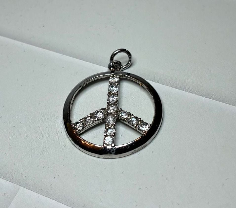 Silver Tone Rhinestone Peace Sign Pendant Charm 2
