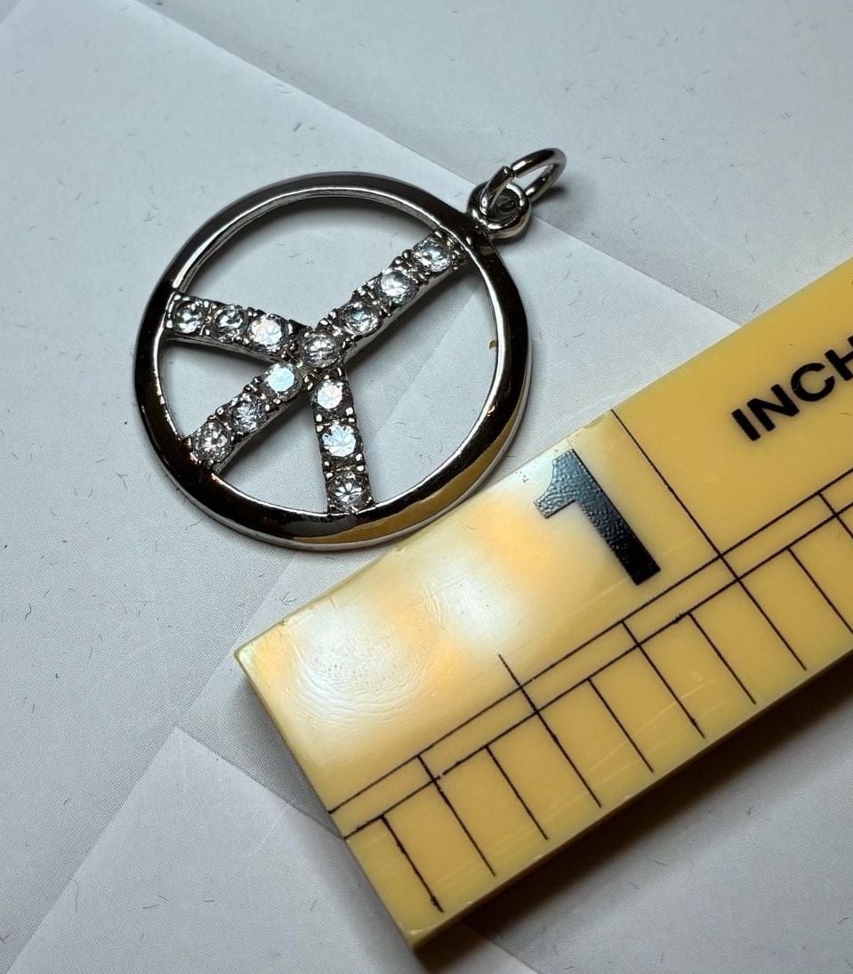 Silver Tone Rhinestone Peace Sign Pendant Charm 3