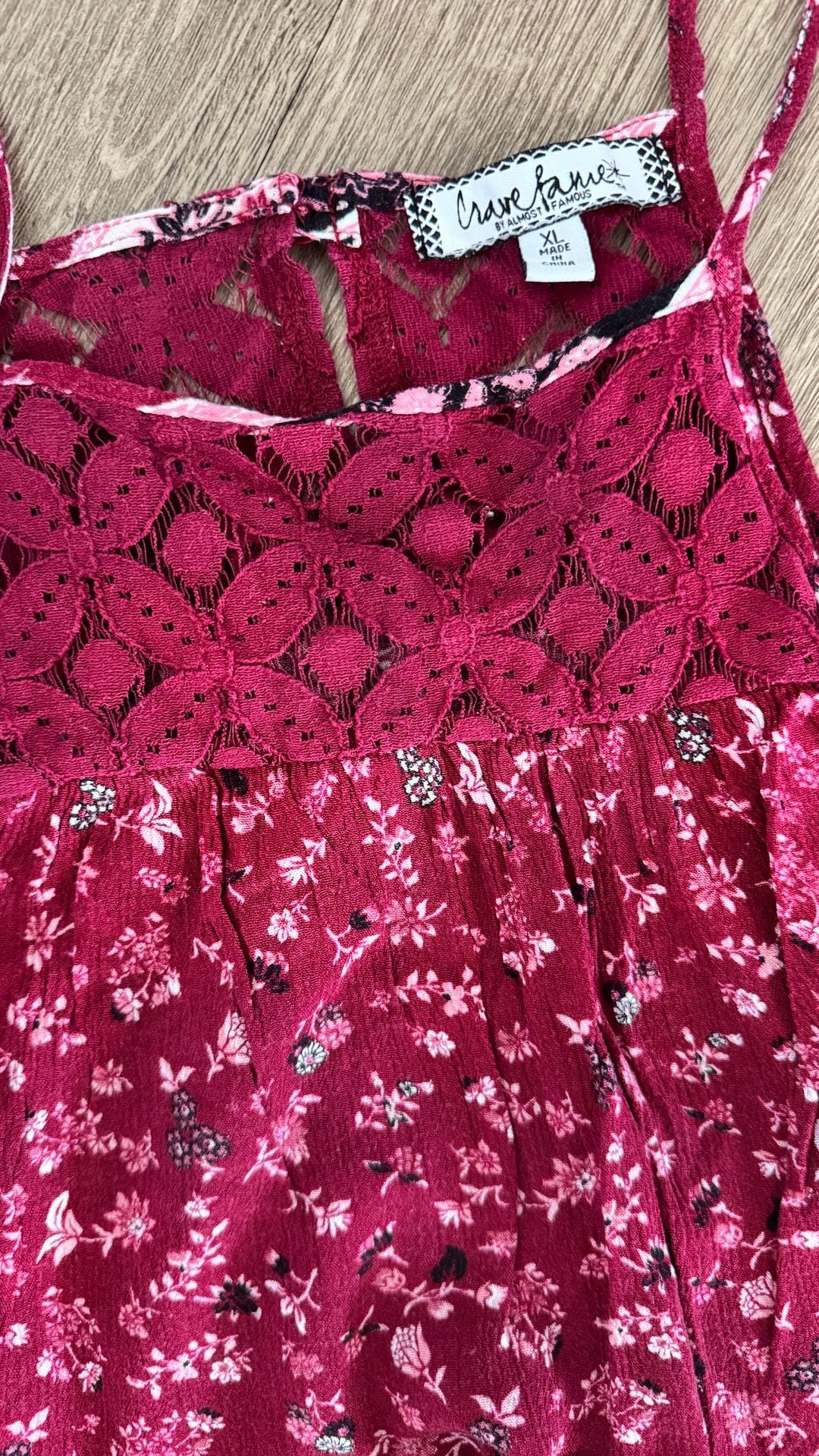 Crave Fame Floral Tank Top Size XL Burgundy Lace Trim Spaghetti Strap 3