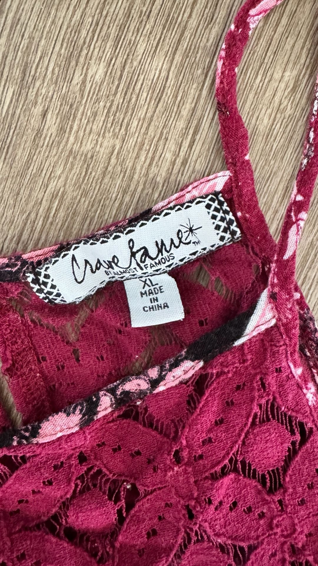 Crave Fame Floral Tank Top Size XL Burgundy Lace Trim Spaghetti Strap 4