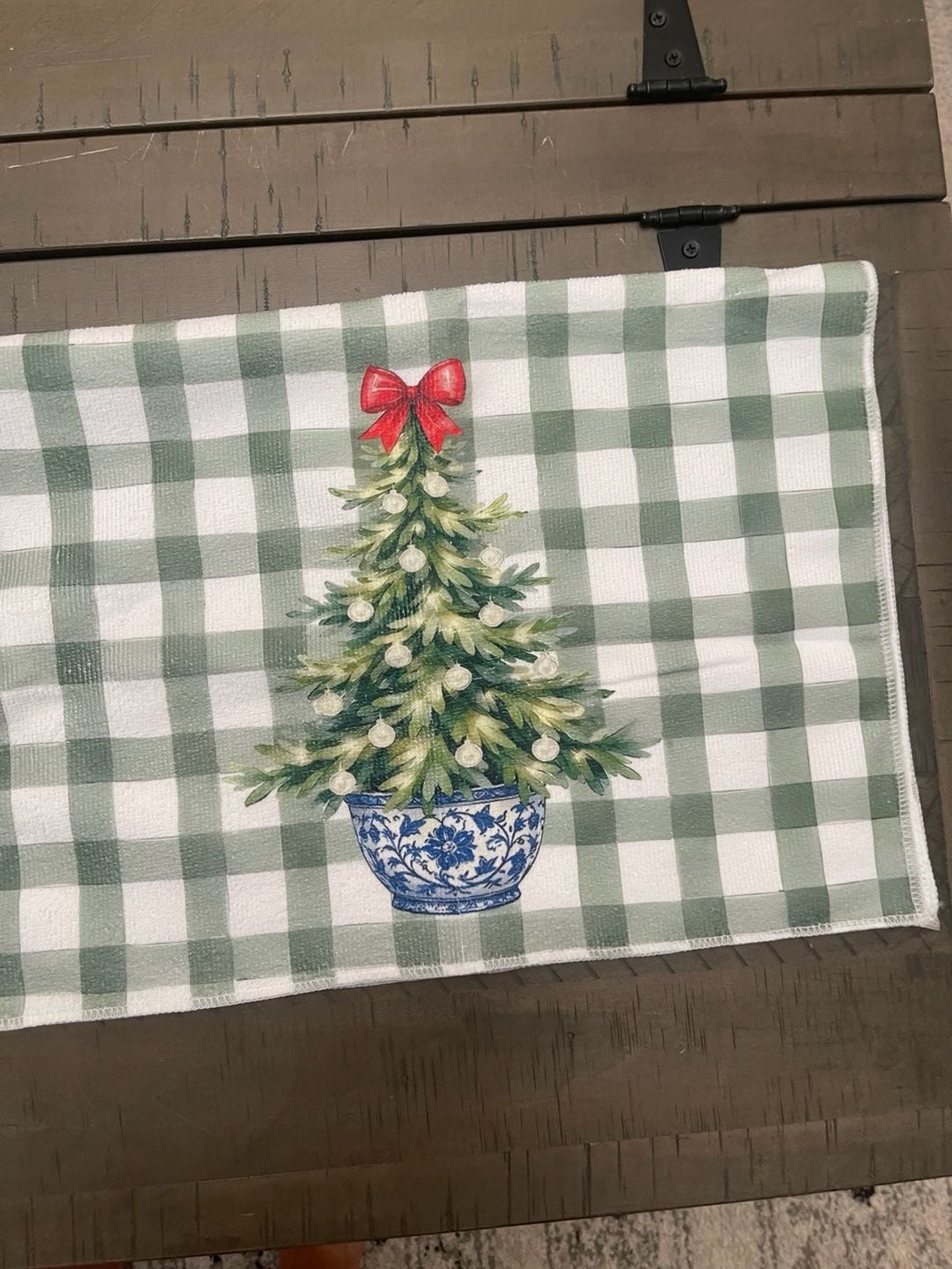 Chinoiserie Christmas Tree Green Gingham Kitchen Towel 2