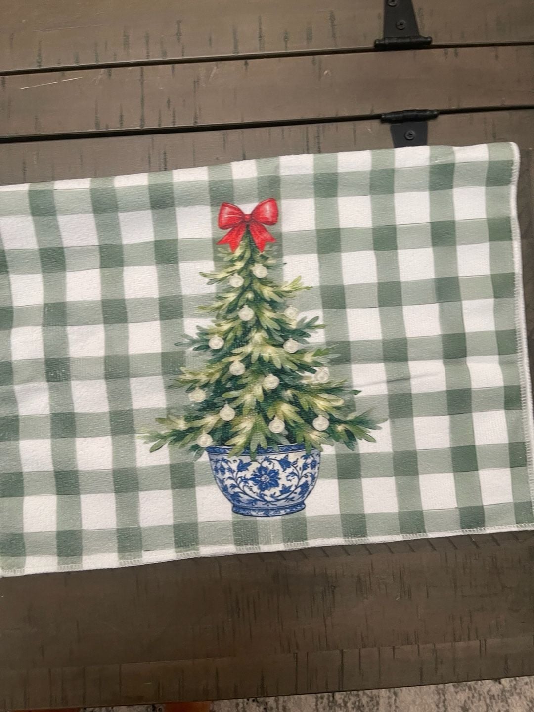 Chinoiserie Christmas Tree Green Gingham Kitchen Towel 3