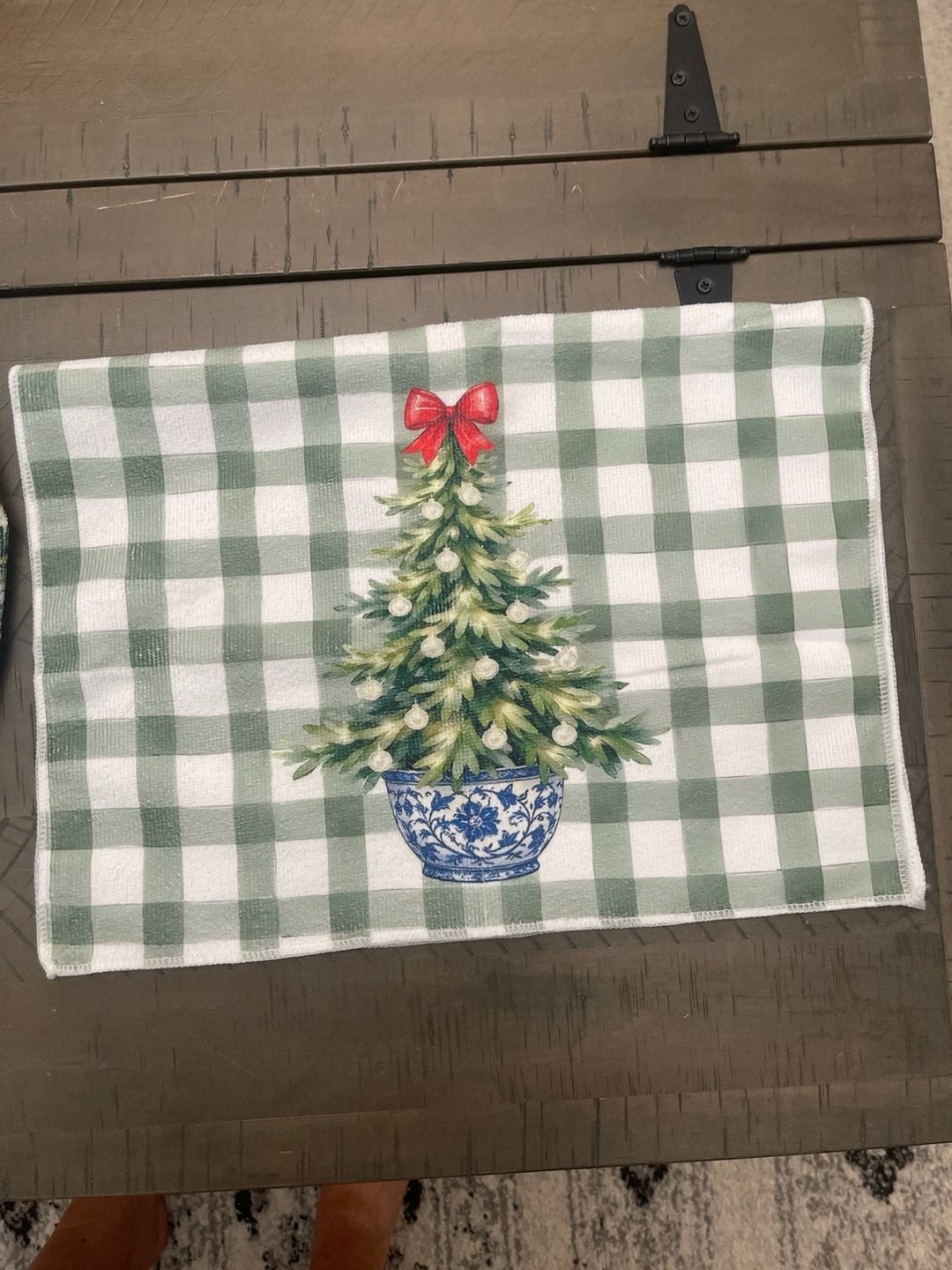 Chinoiserie Christmas Tree Green Gingham Kitchen Towel 4