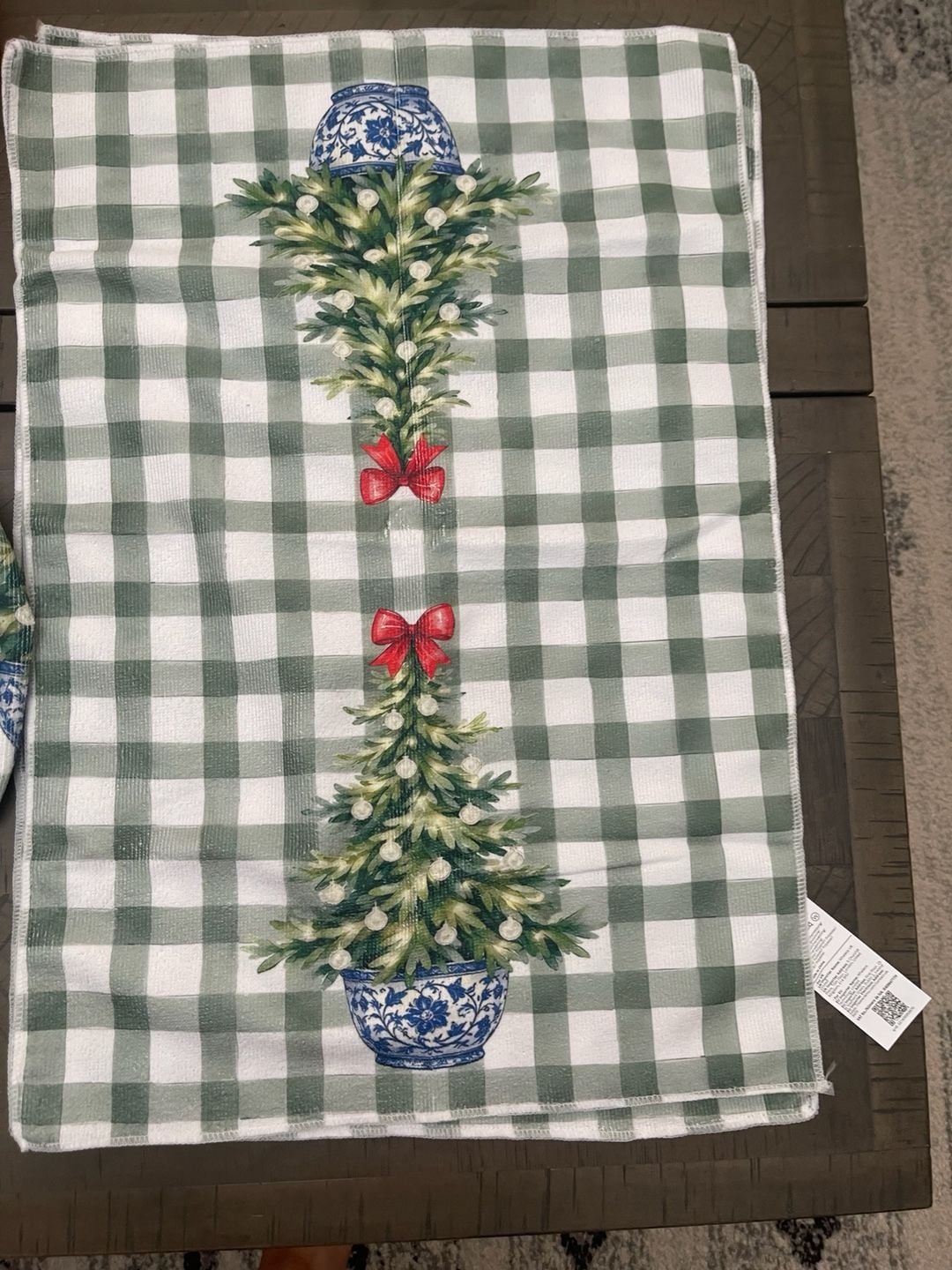 Chinoiserie Christmas Tree Green Gingham Kitchen Towel 5
