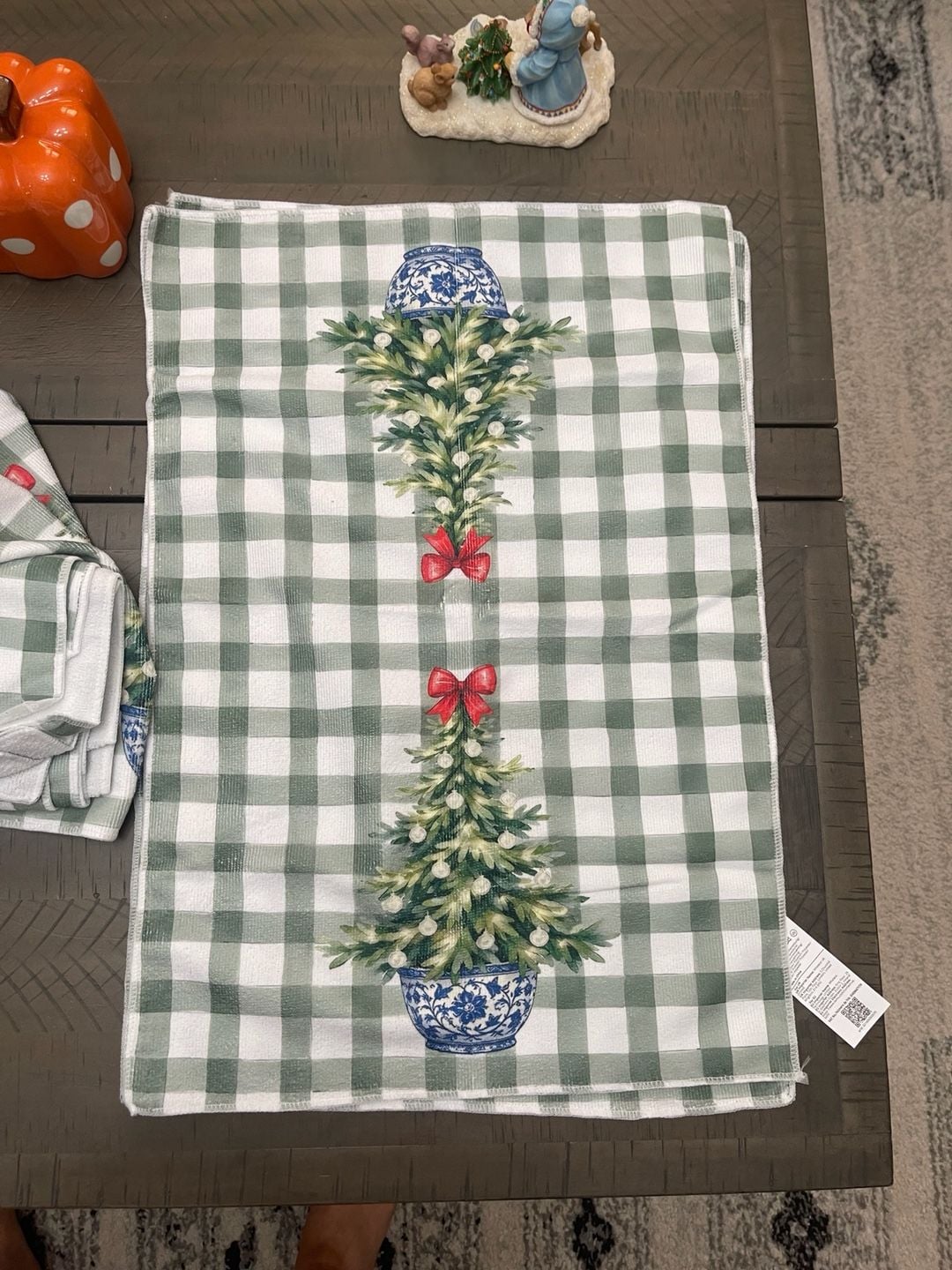 Chinoiserie Christmas Tree Green Gingham Kitchen Towel 6