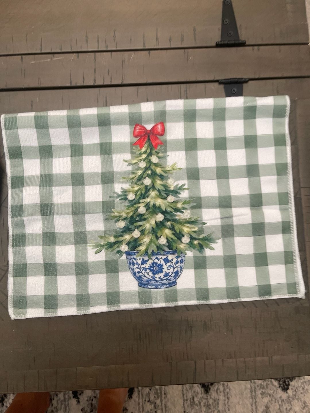 Chinoiserie Christmas Tree Green Gingham Kitchen Towel 7