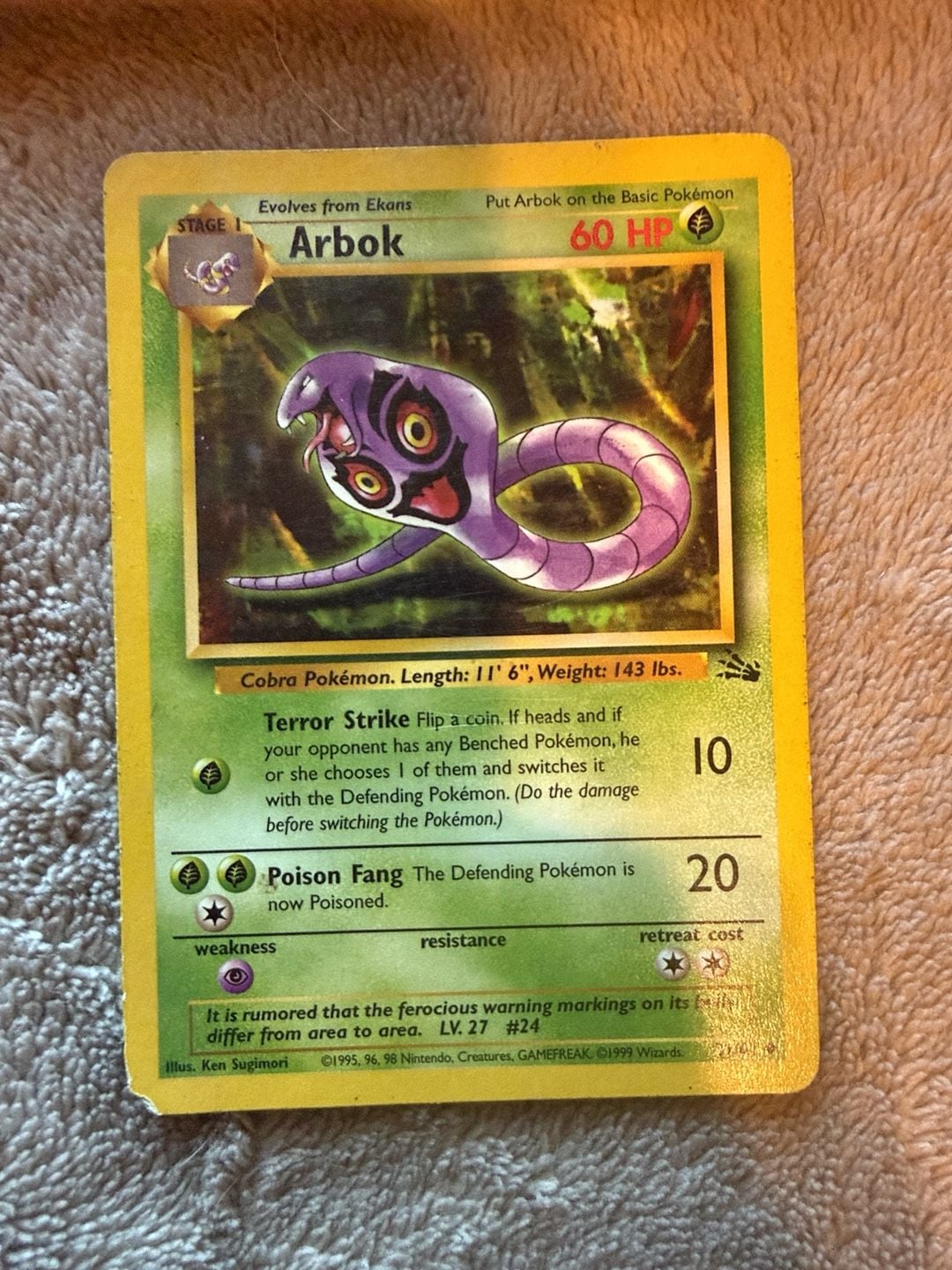 Pokemon 1999 Fossil 1st Edition Arbok 31/62 Card 1