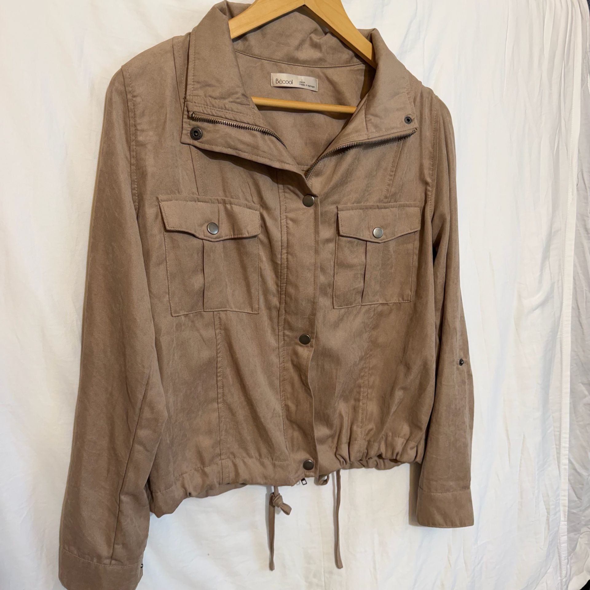 Becool Utility Jacket Size M Brown Faux Suede Drawstring Lightweight 2