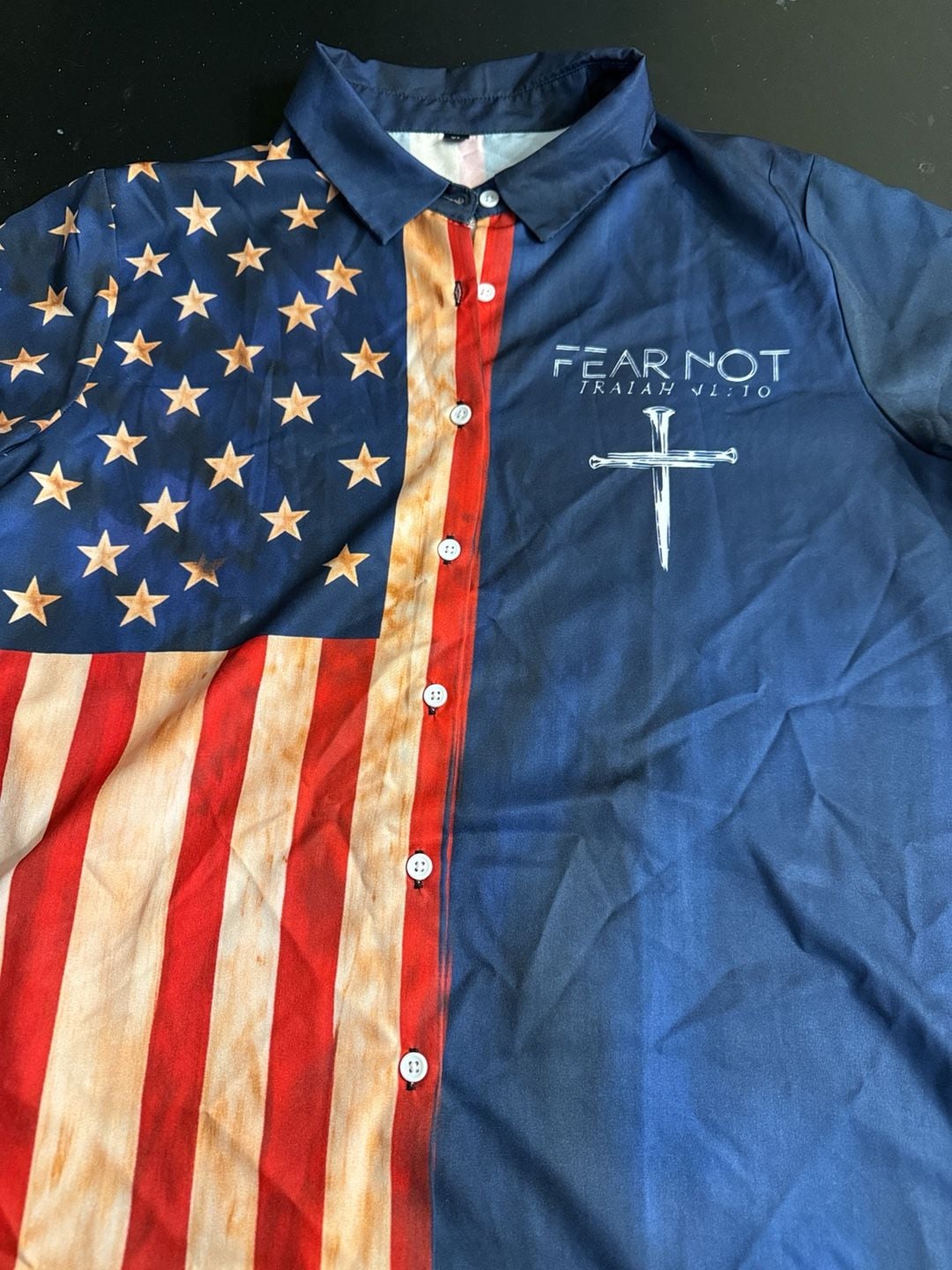 Unbranded Fear Not American Flag Cross Polo Shirt Blue Red 1
