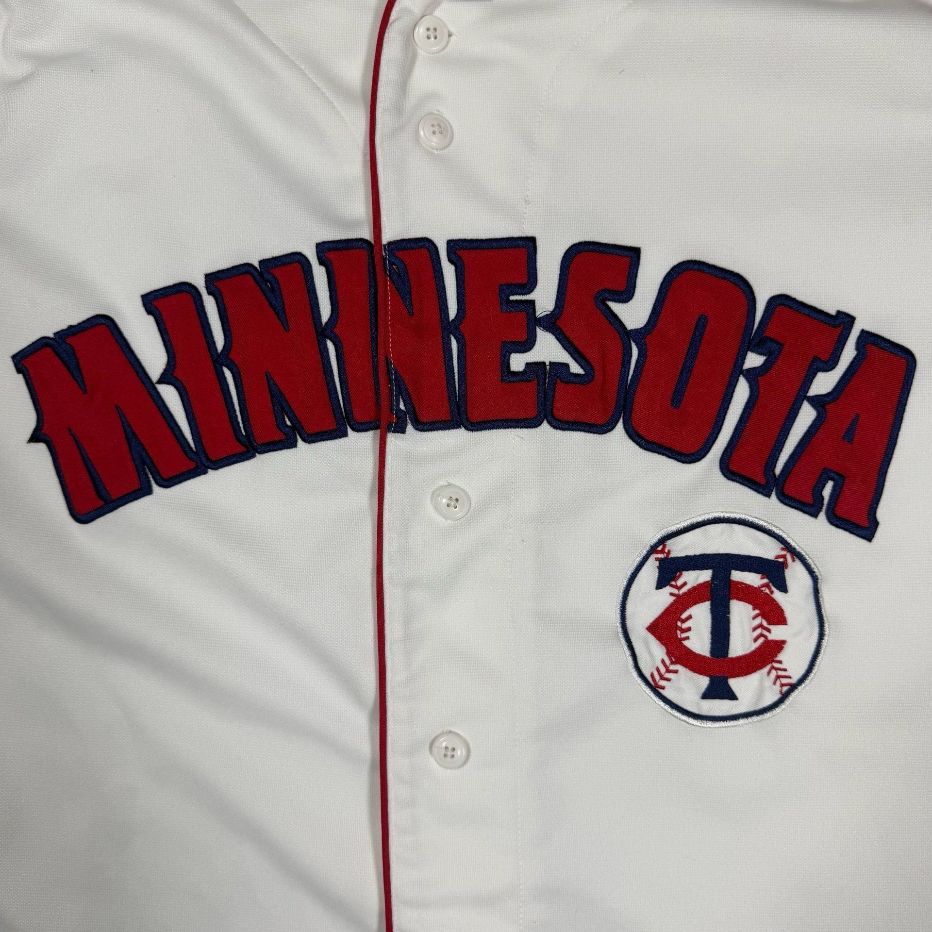 Y2K Minnesota Twins Dynasty Baseball Jersey Size L White Blue Buttoned 4