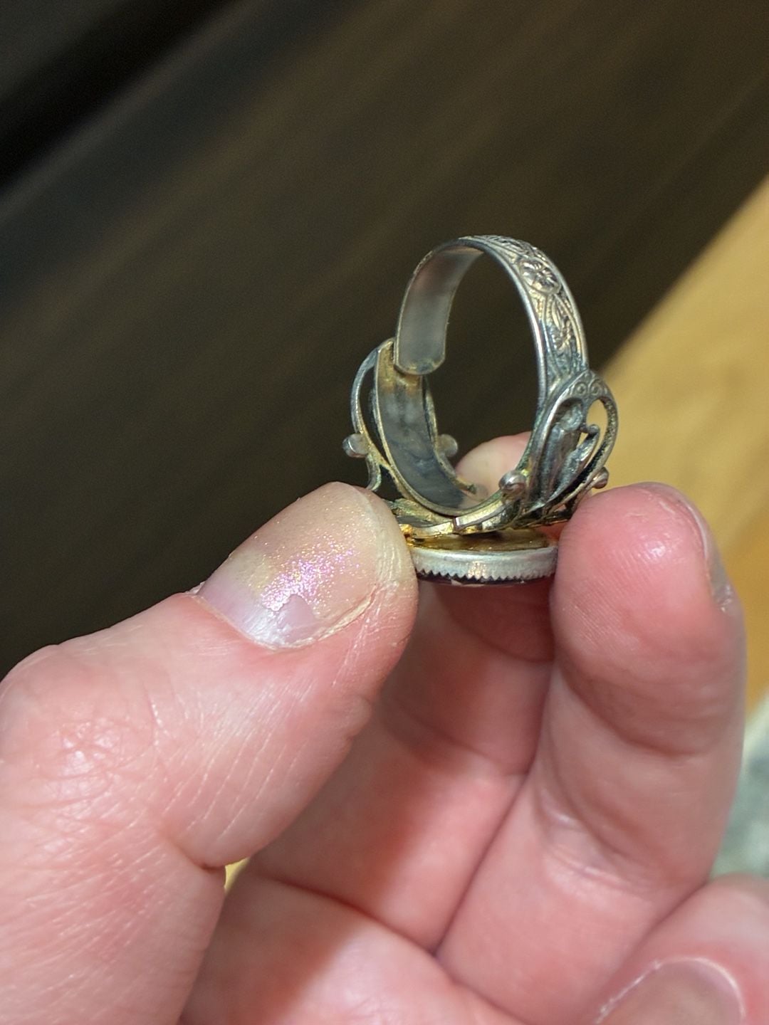 Vintage 1950s Victorian Revival Floral Enamel Spinning Compass Ring 7