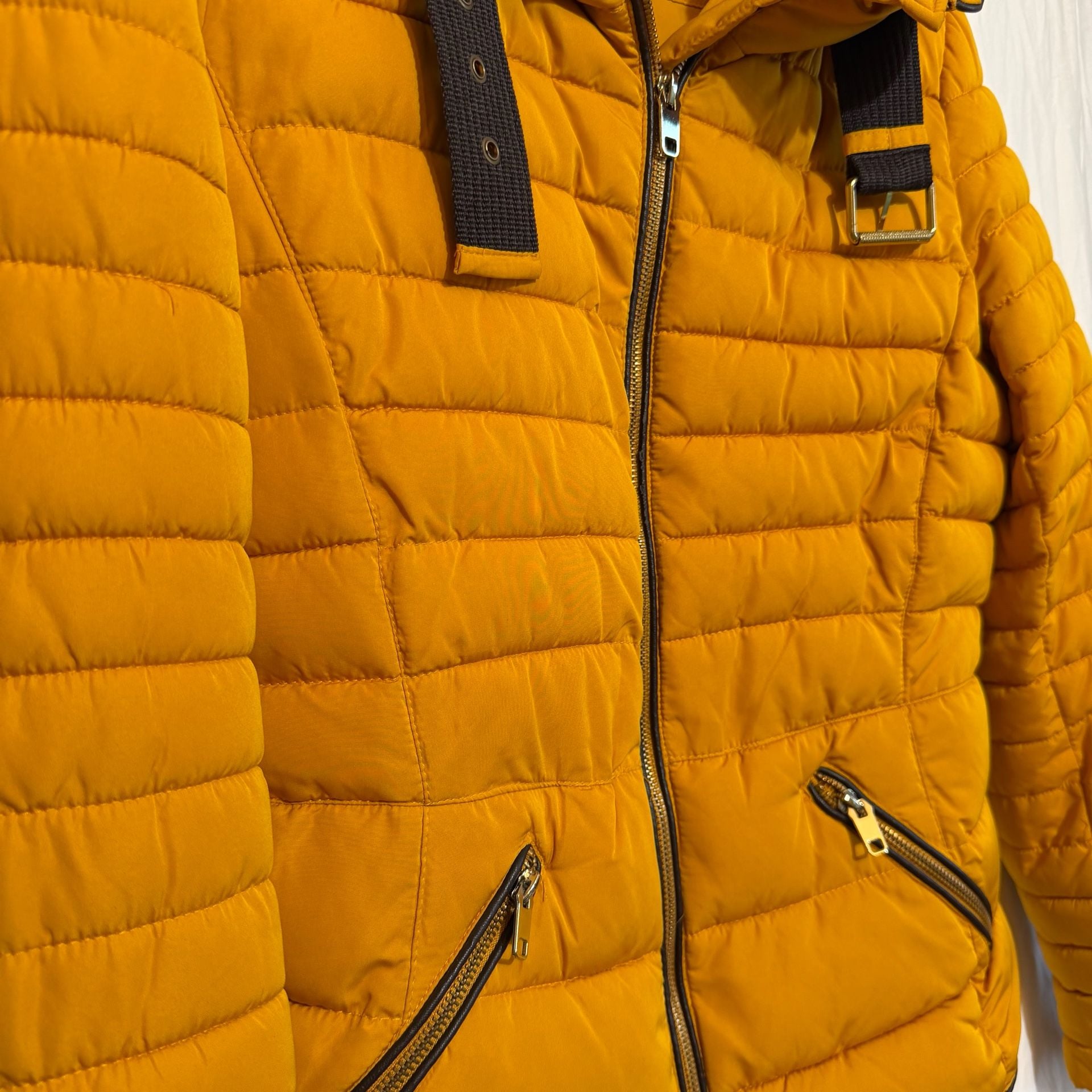 Zara Basic Outerwear Puffer Jacket Size L Yellow Quilted Fur Collar 4